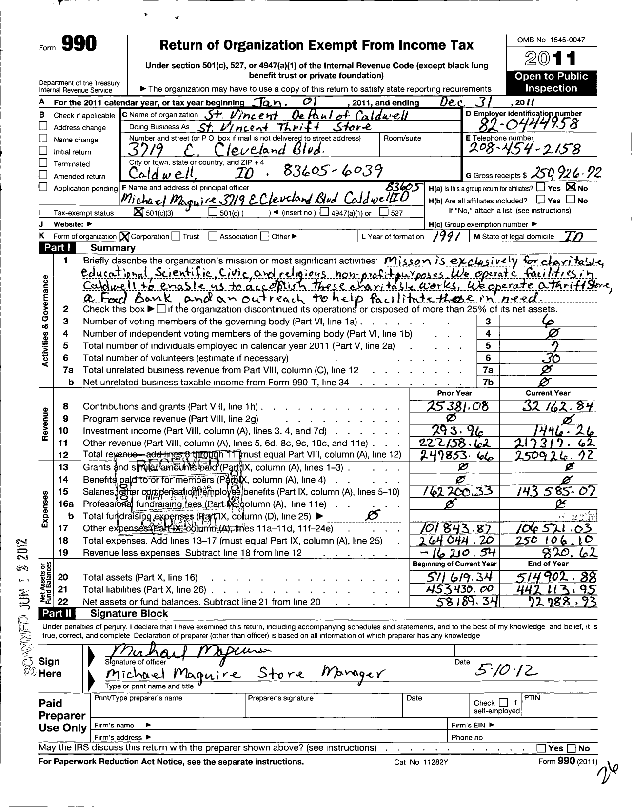 Image of first page of 2011 Form 990 for St Vincent de Paul of Caldwell