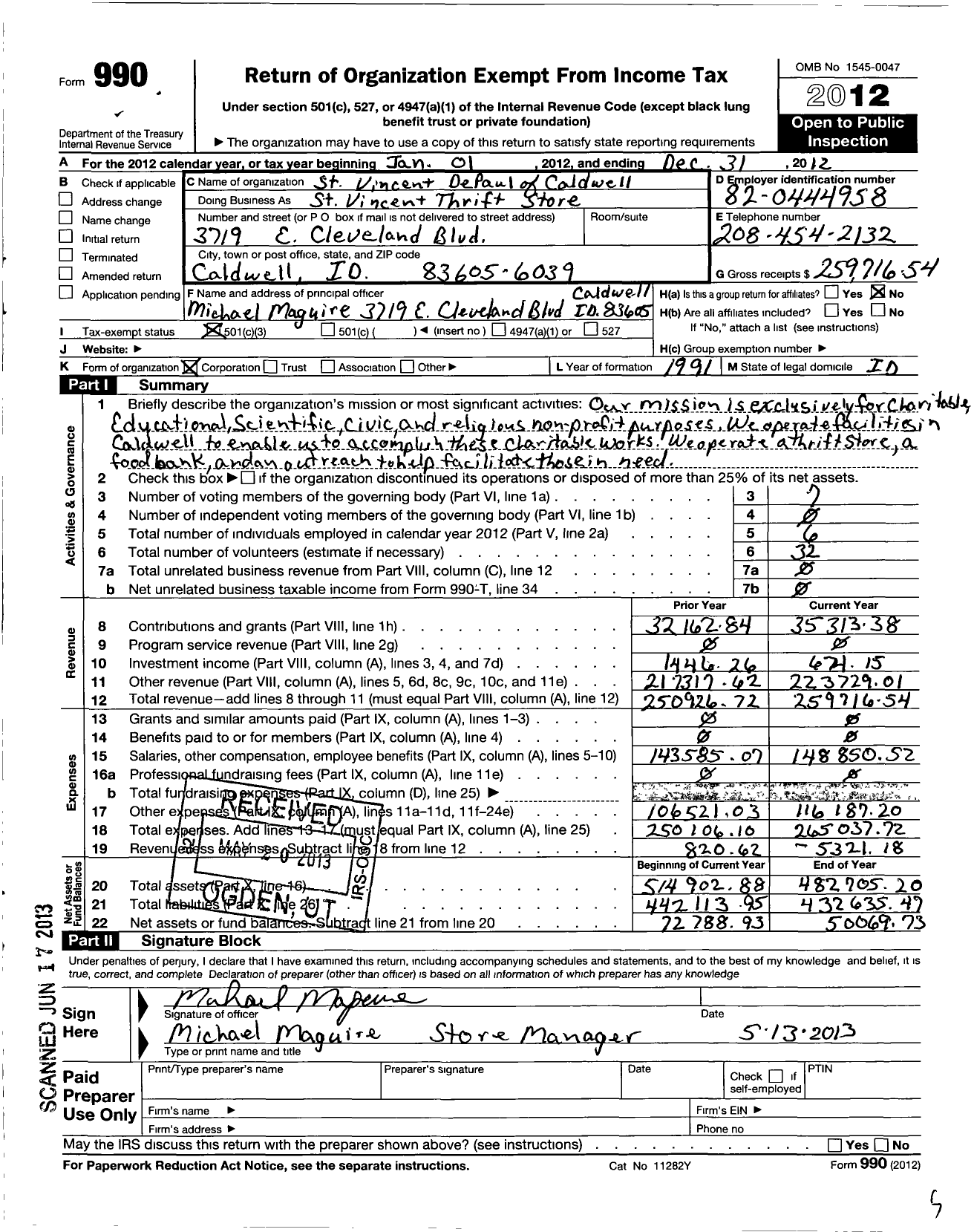 Image of first page of 2012 Form 990 for St Vincent de Paul of Caldwell