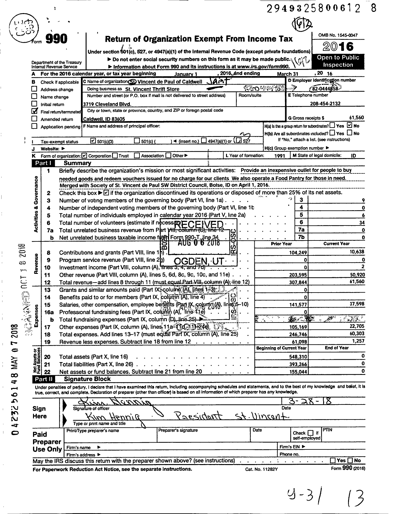 Image of first page of 2016 Form 990 for St Vincent de Paul of Caldwell