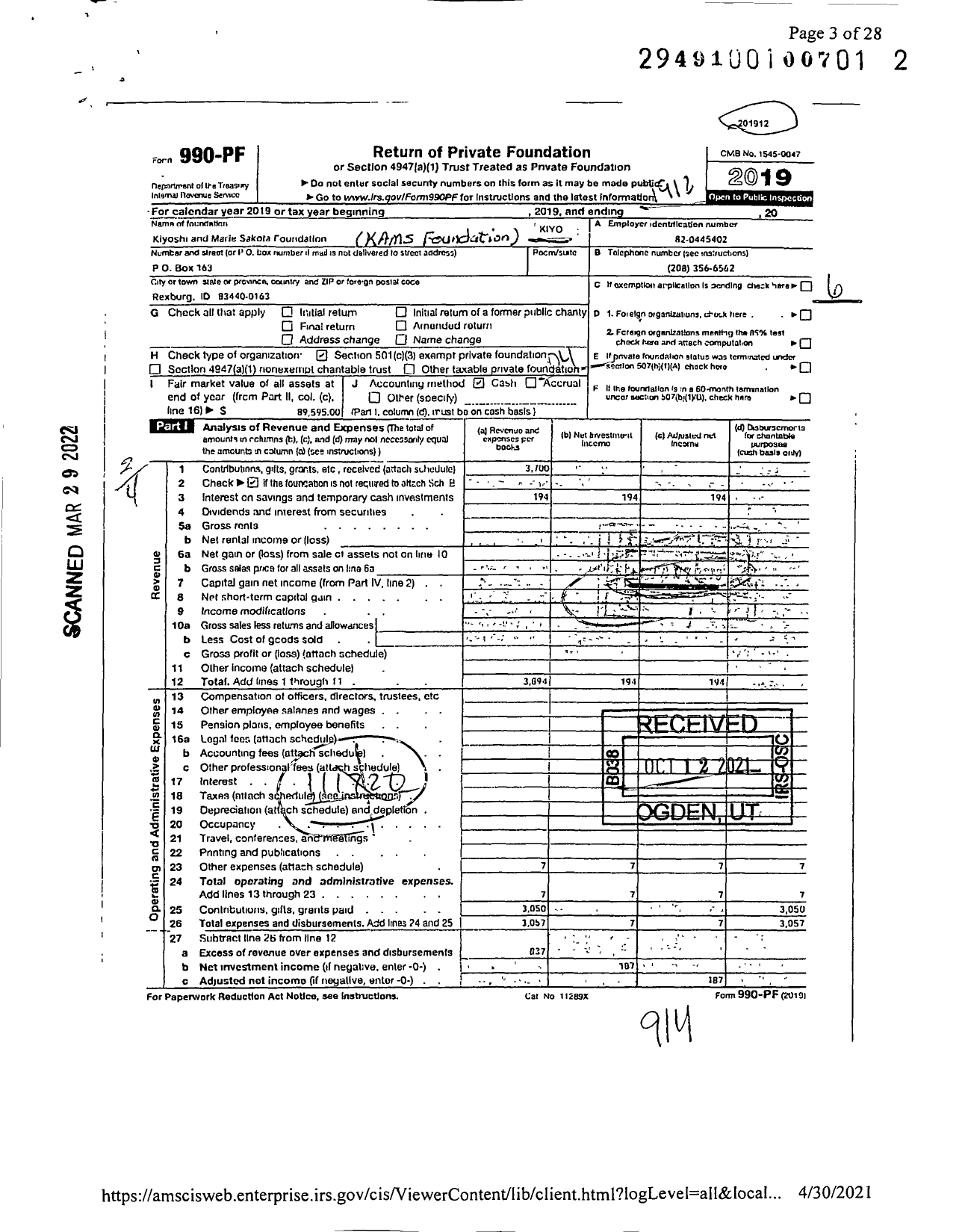 Image of first page of 2019 Form 990PF for Kiyoshi and Marie Sakota Foundation