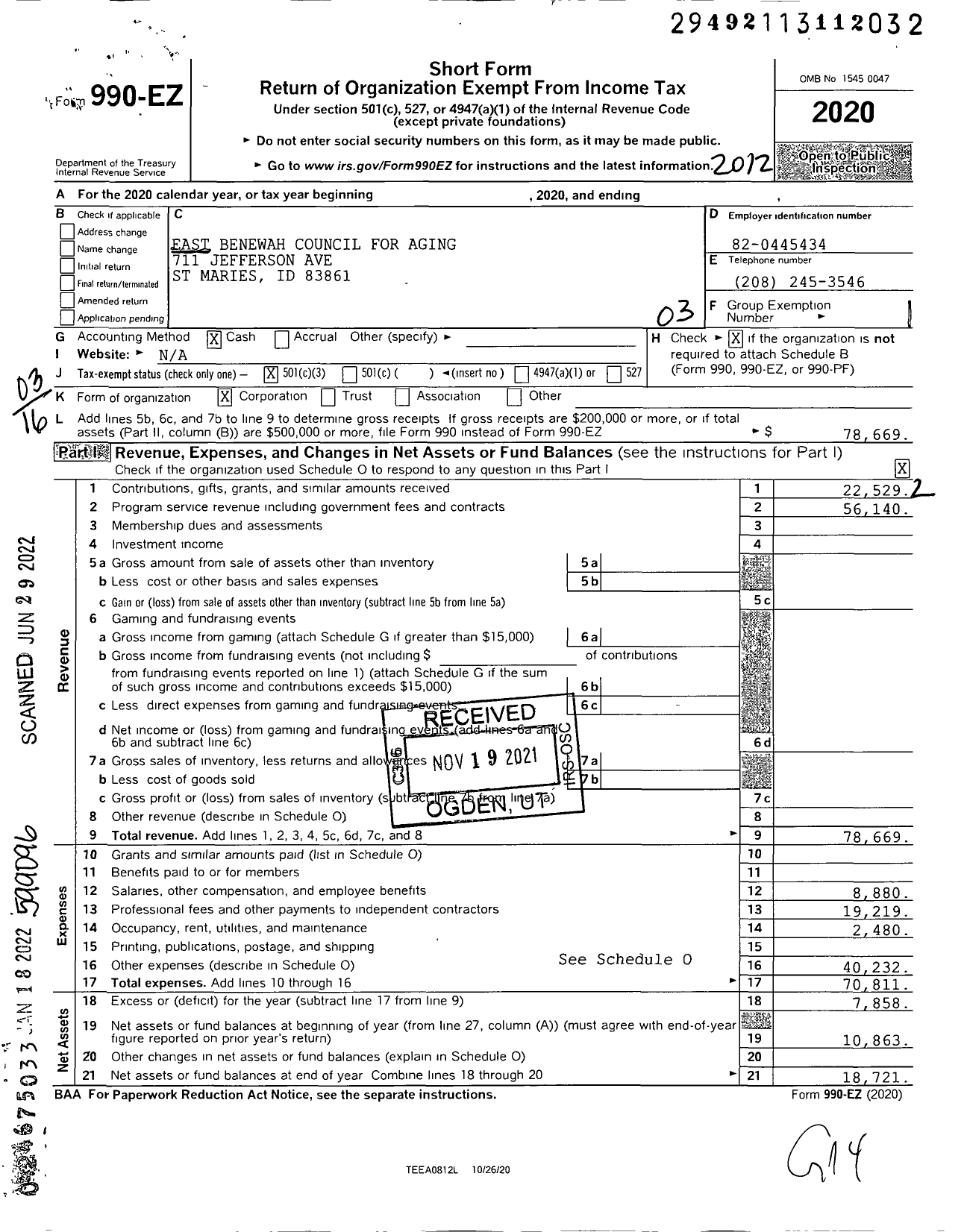 Image of first page of 2020 Form 990EZ for East Benewah Council for Aging