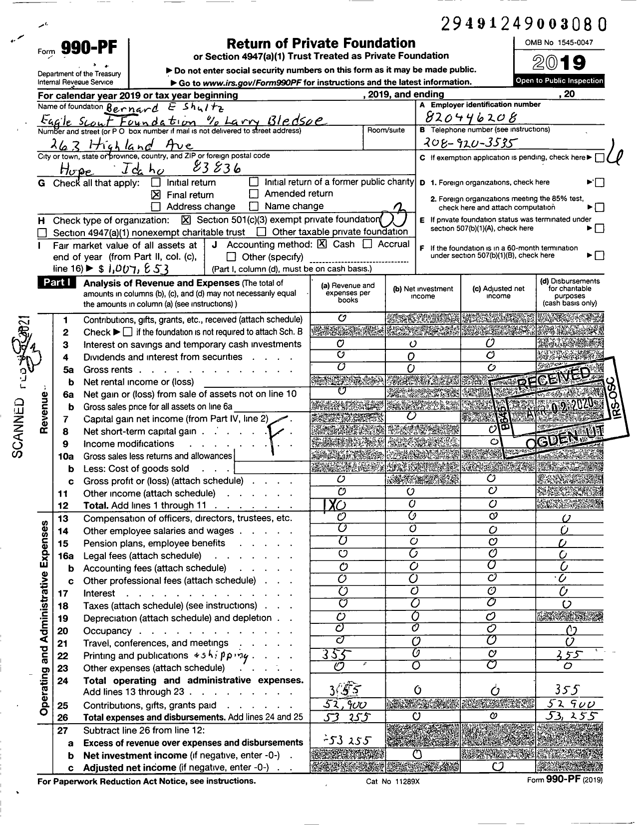 Image of first page of 2019 Form 990PF for Bernard E Shultz Eagle Scout Foundation