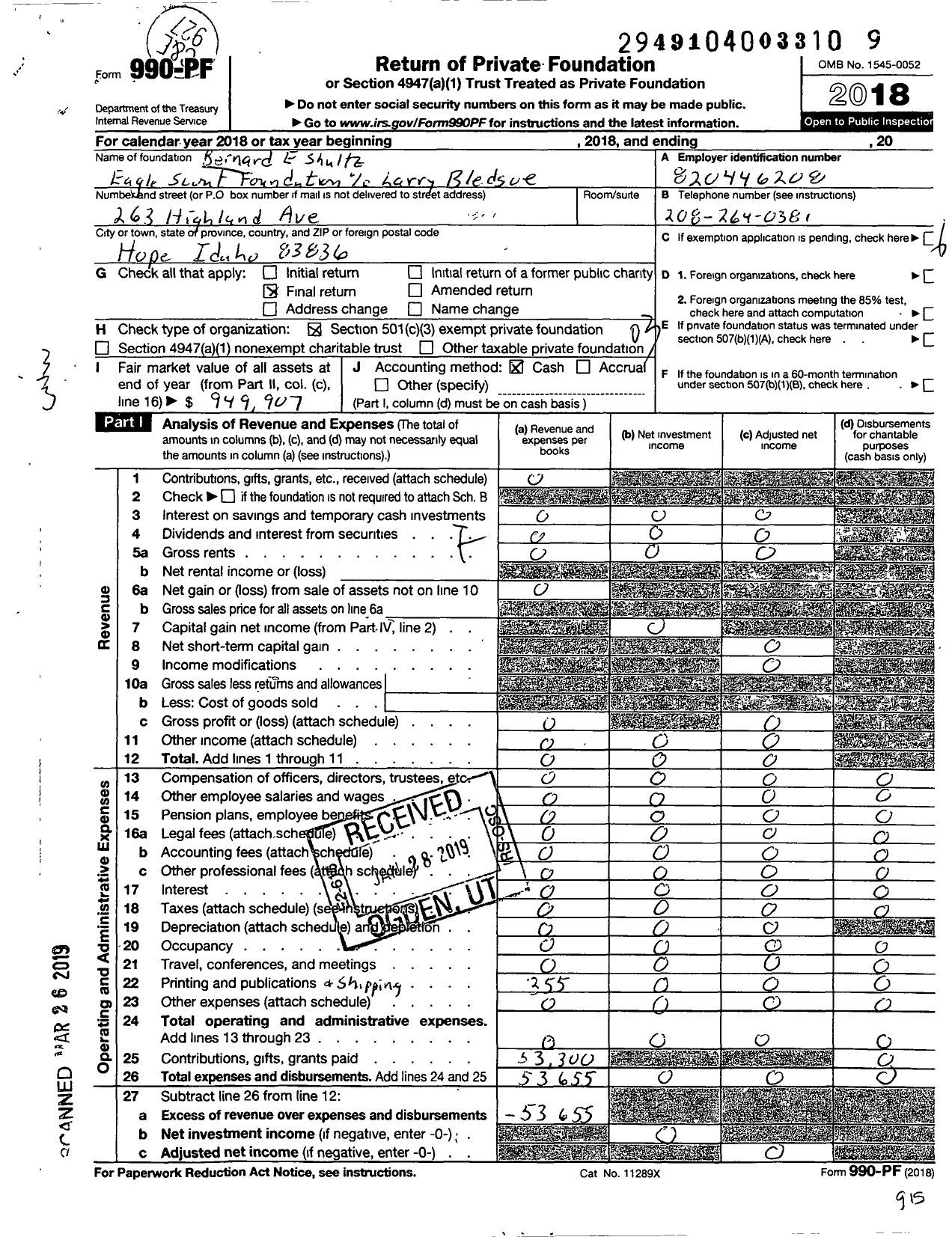 Image of first page of 2018 Form 990PF for Bernard E Shultz Eagle Scout Foundation