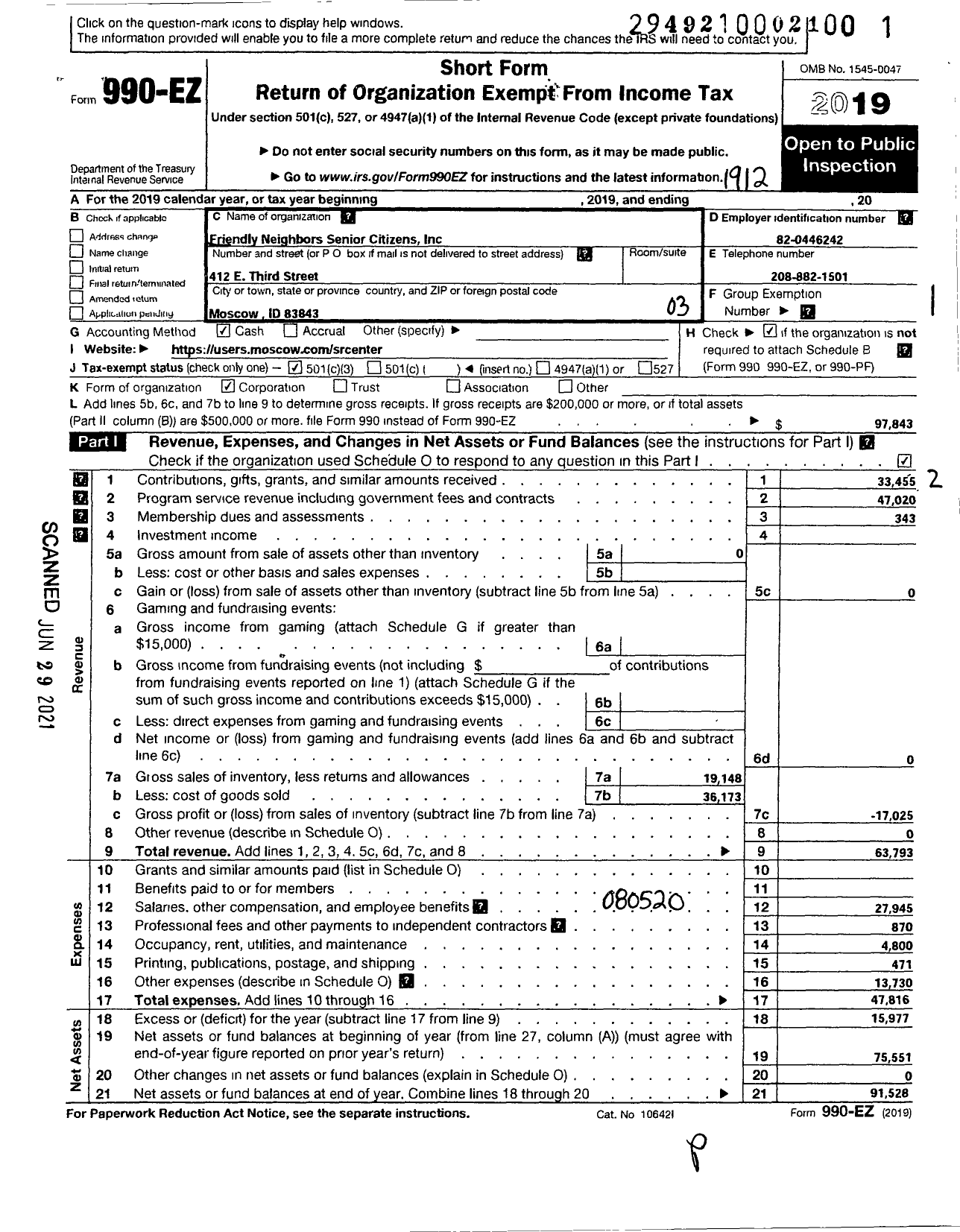 Image of first page of 2019 Form 990EZ for Friendly Neighbors Senior Citizens