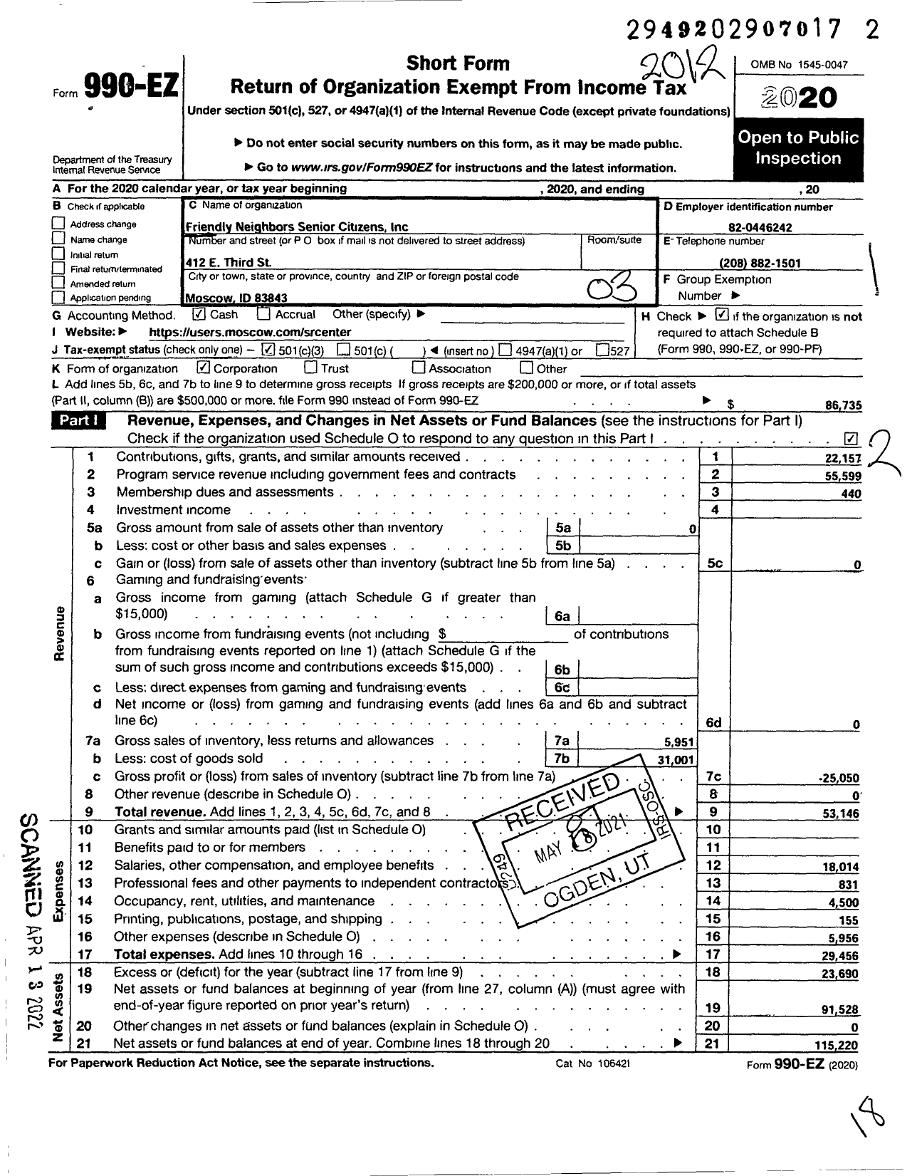 Image of first page of 2020 Form 990EZ for Friendly Neighbors Senior Citizens