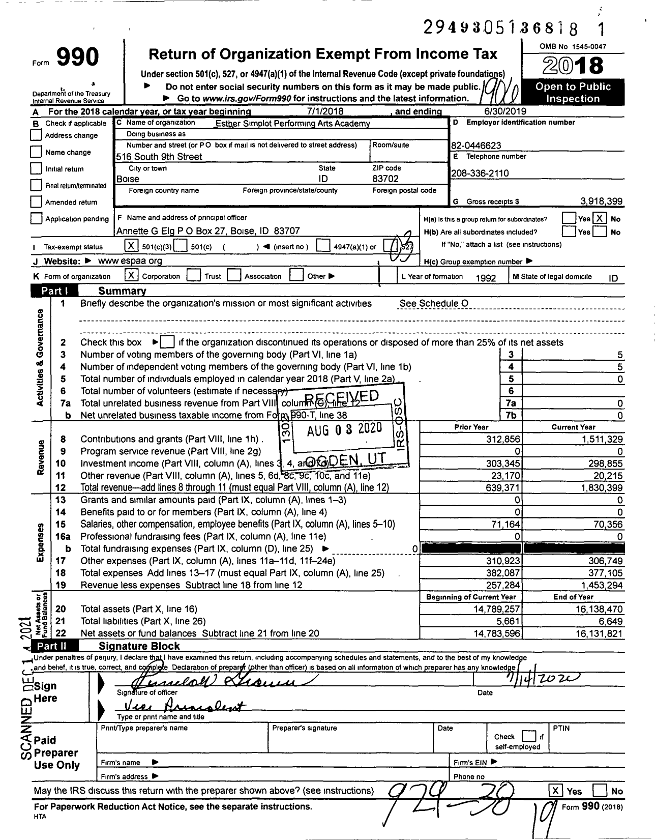 Image of first page of 2018 Form 990 for Esther Simplot Performing Arts Academy
