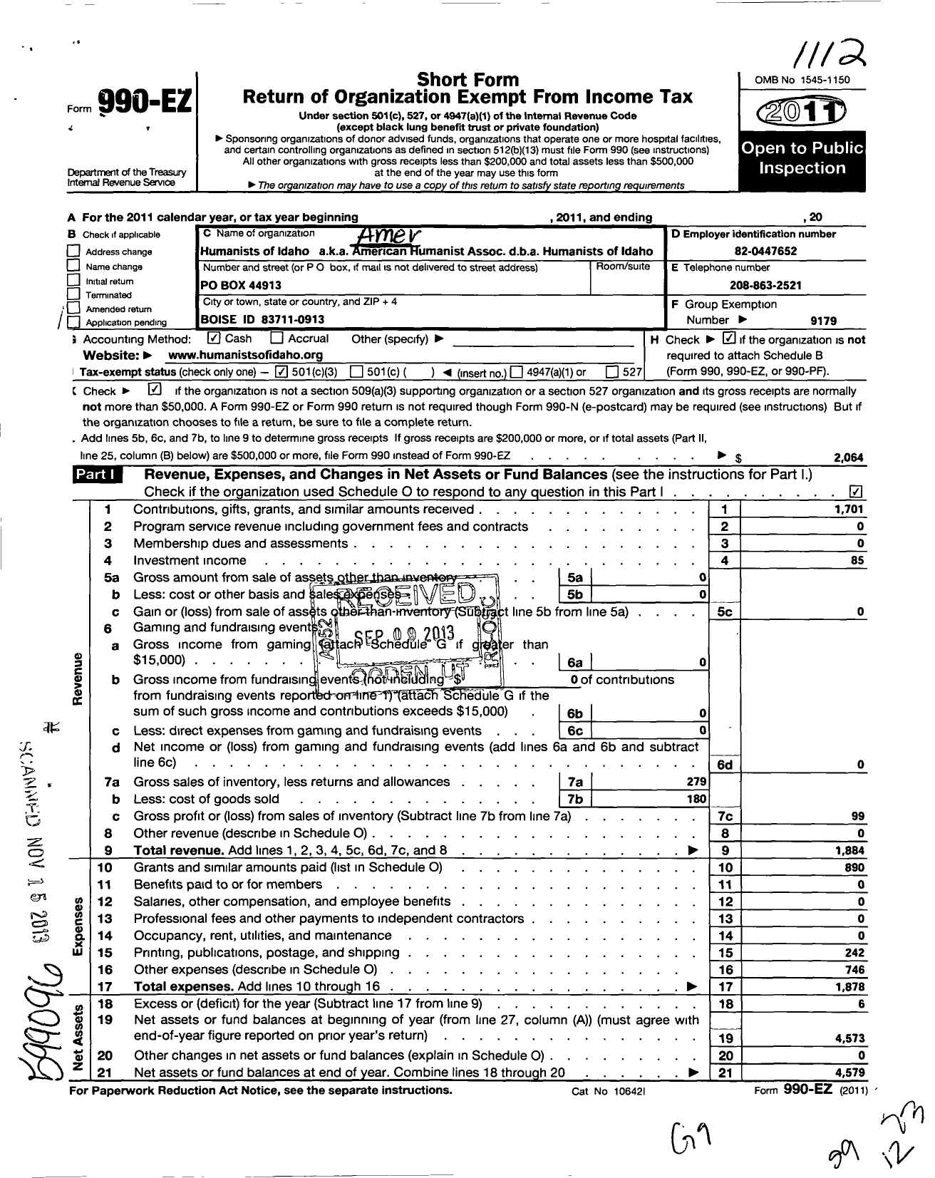 Image of first page of 2011 Form 990EZ for American Humanist Association / Humanists of Idaho