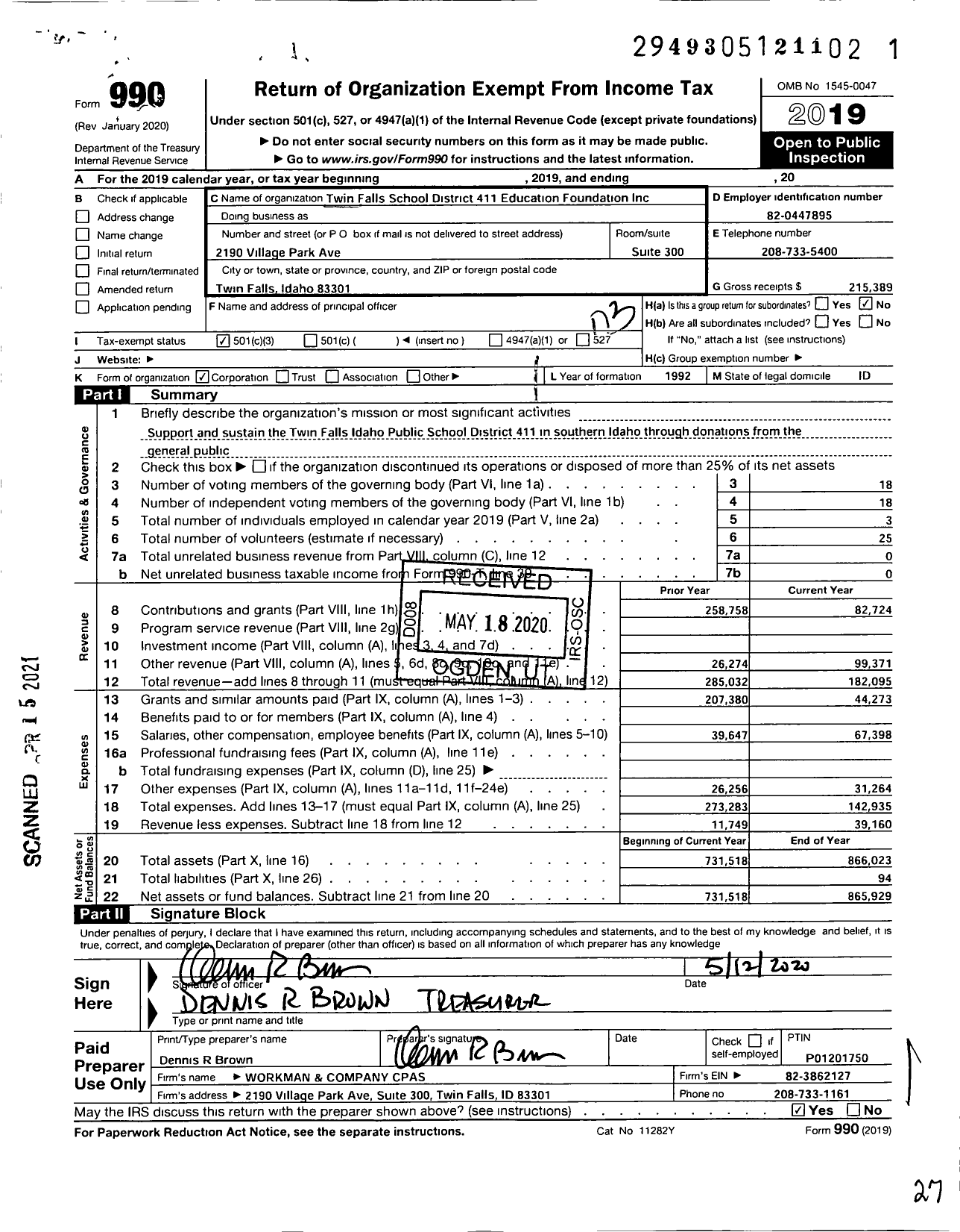 Image of first page of 2019 Form 990 for TFSD 411 Education Foundation