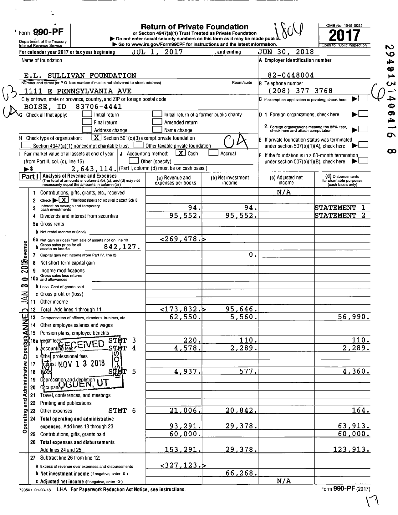Image of first page of 2017 Form 990PF for El Sullivan Foundation