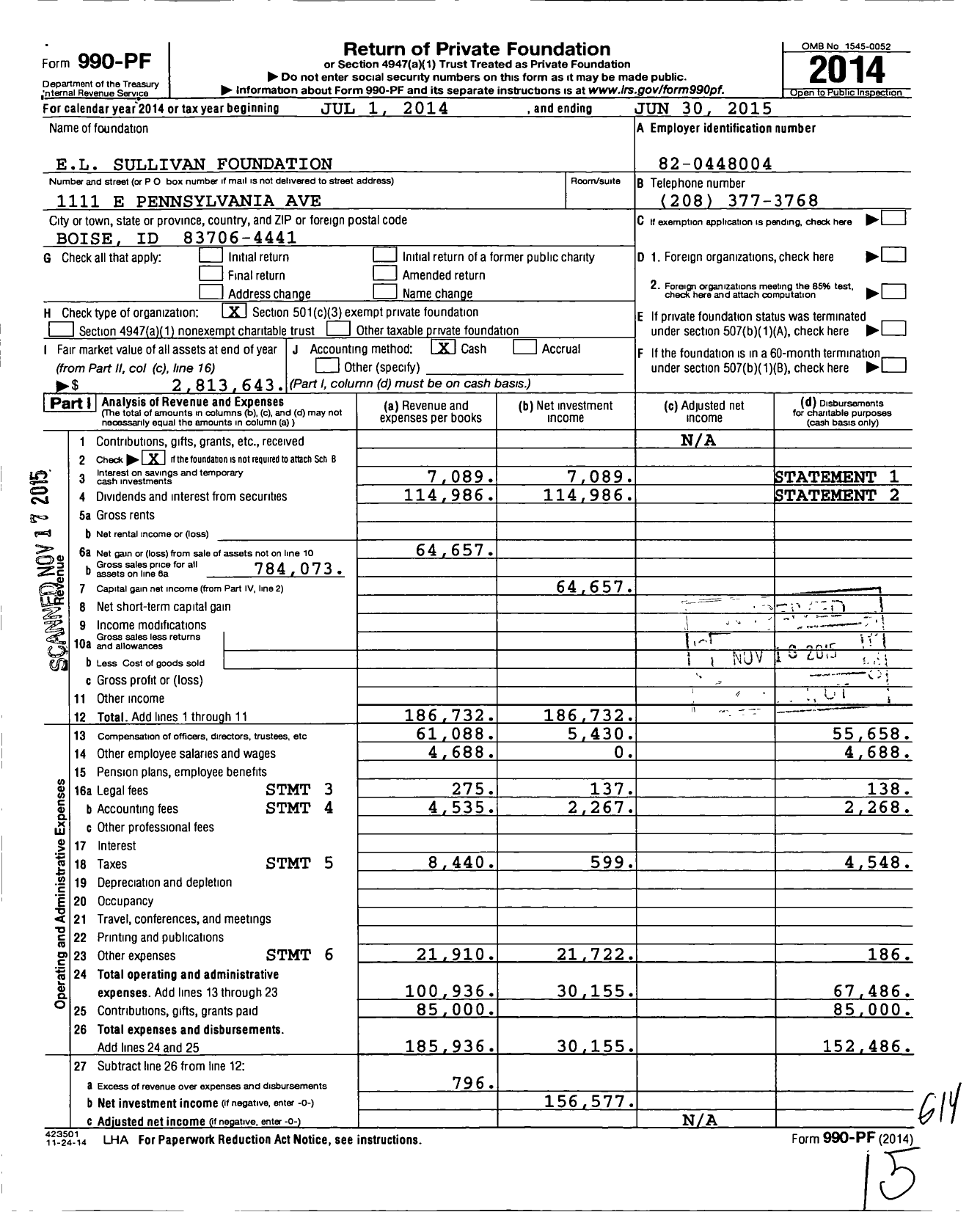 Image of first page of 2014 Form 990PF for El Sullivan Foundation