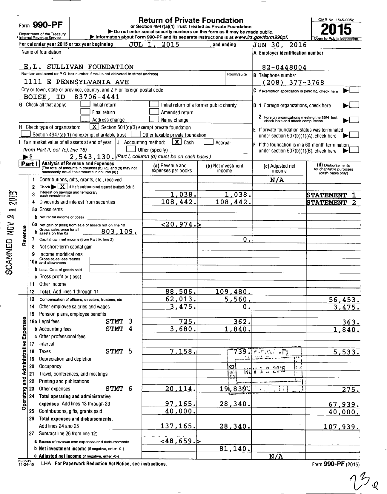 Image of first page of 2015 Form 990PF for El Sullivan Foundation