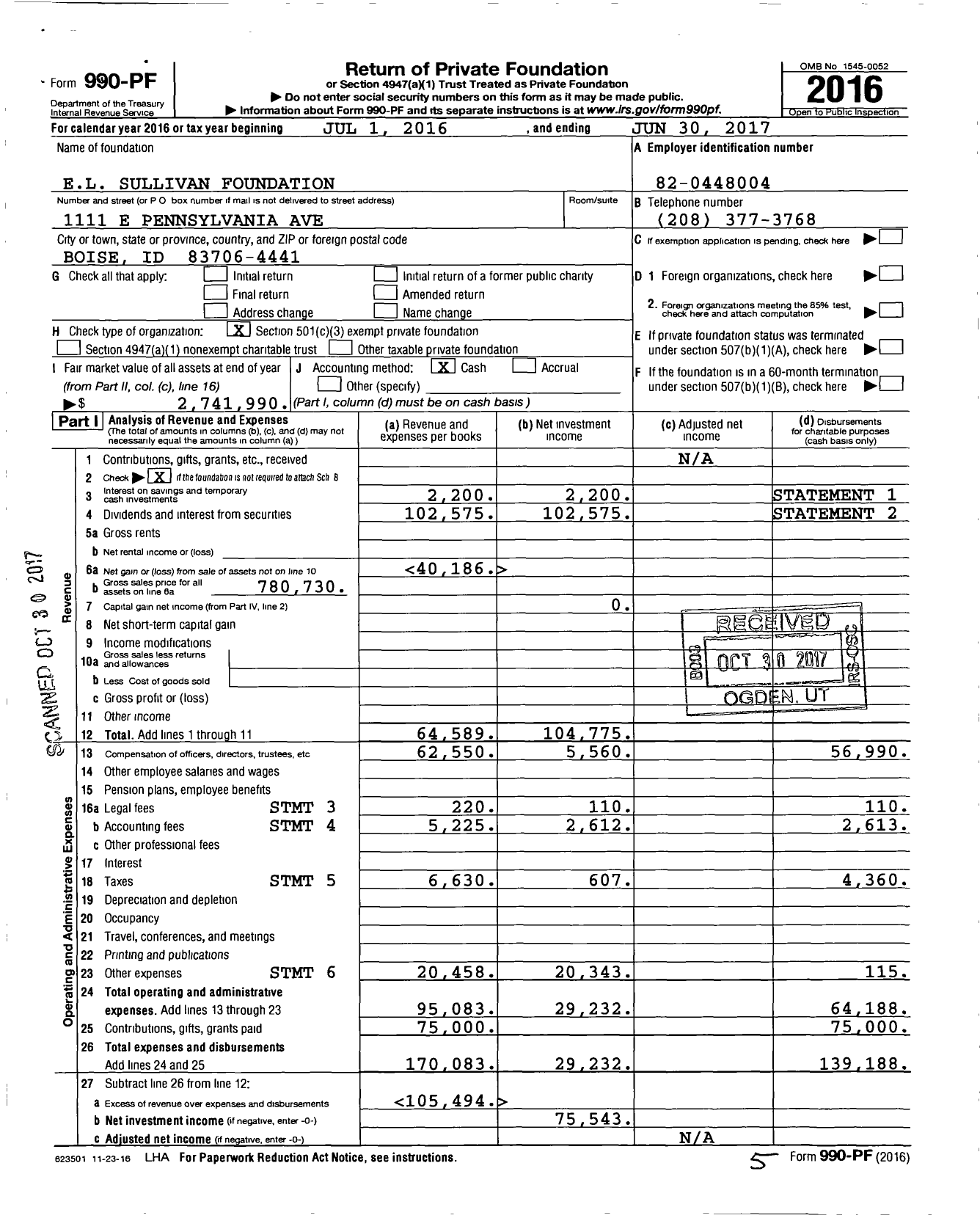 Image of first page of 2016 Form 990PF for El Sullivan Foundation