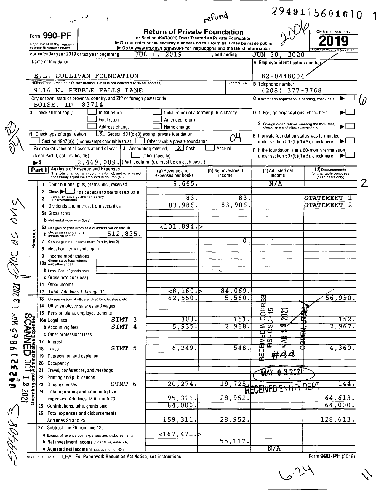 Image of first page of 2019 Form 990PF for El Sullivan Foundation