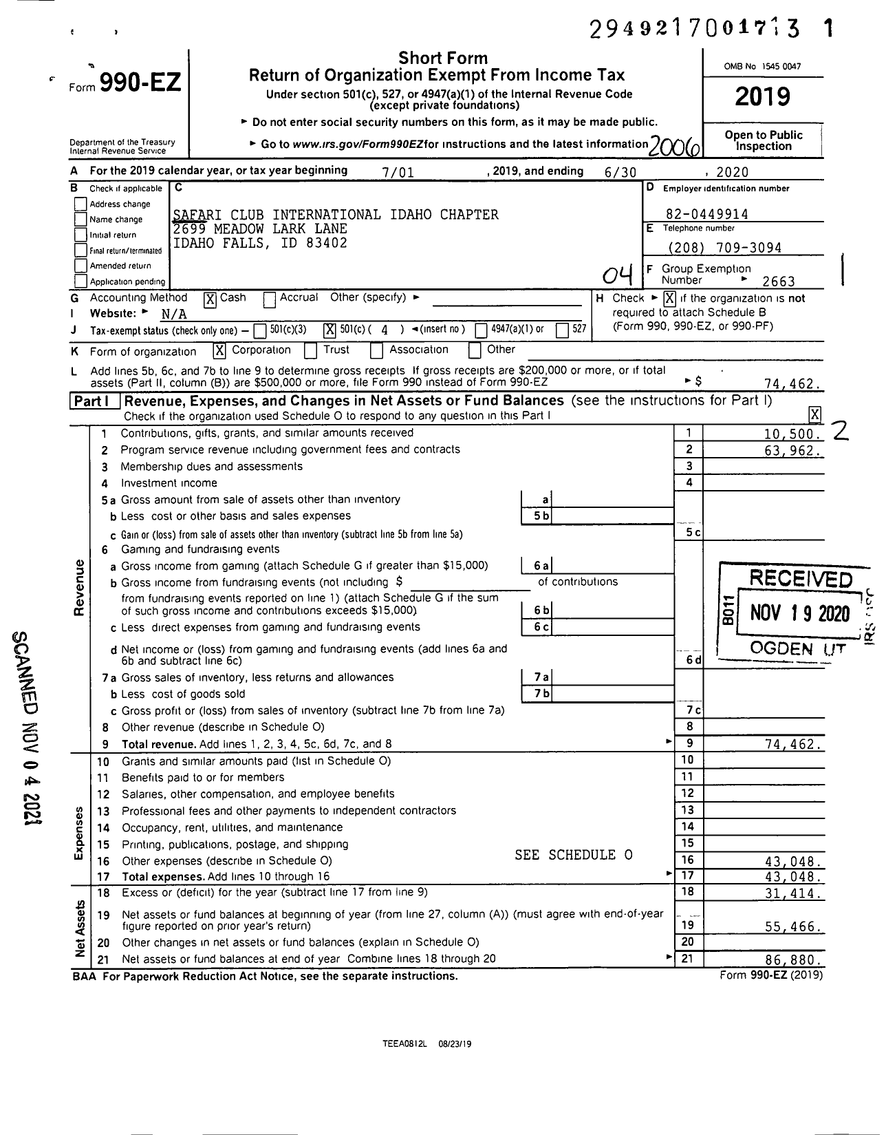 Image of first page of 2019 Form 990EO for Safari Club International Idaho Chapter