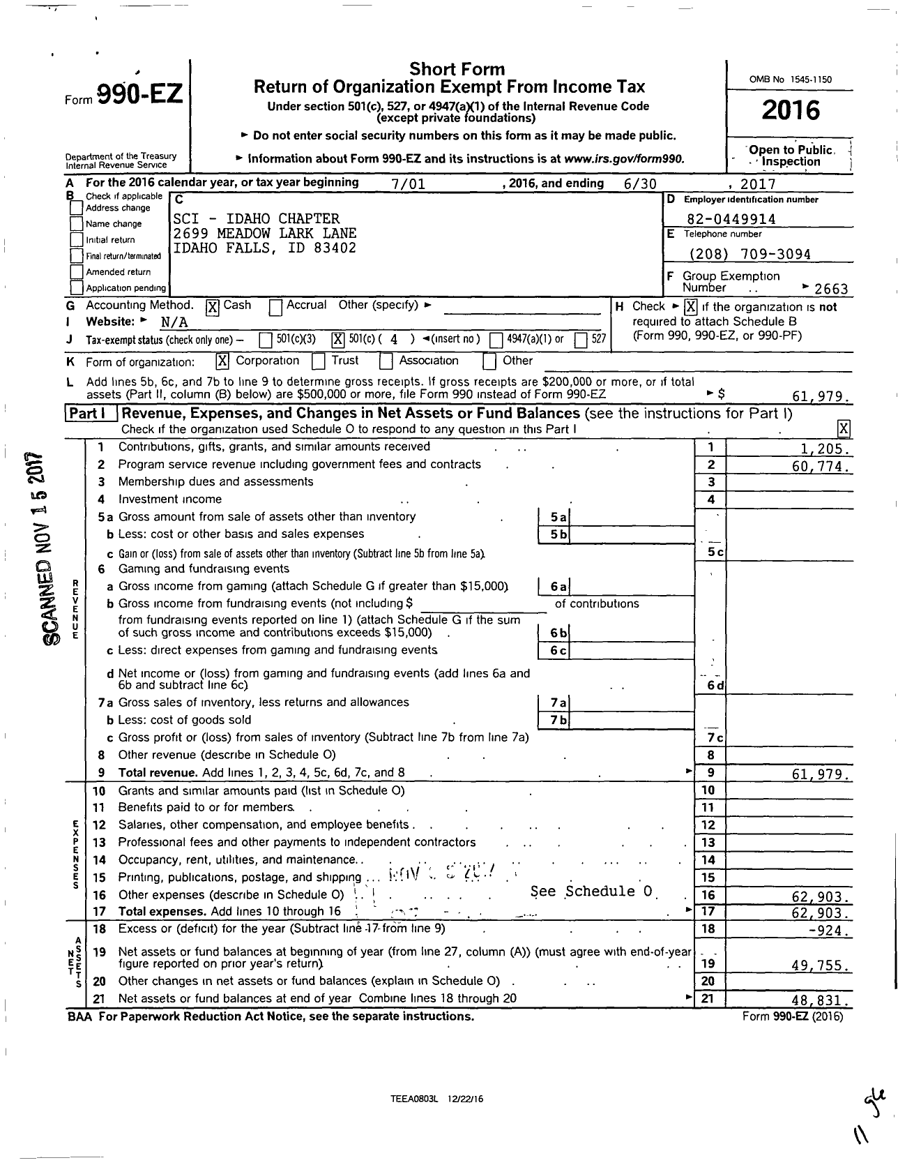 Image of first page of 2016 Form 990EO for Safari Club International Idaho Chapter