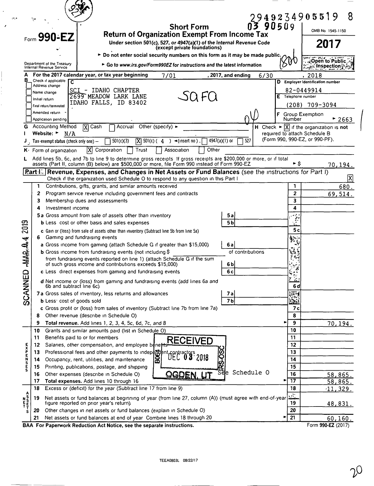 Image of first page of 2017 Form 990EO for Safari Club International Idaho Chapter