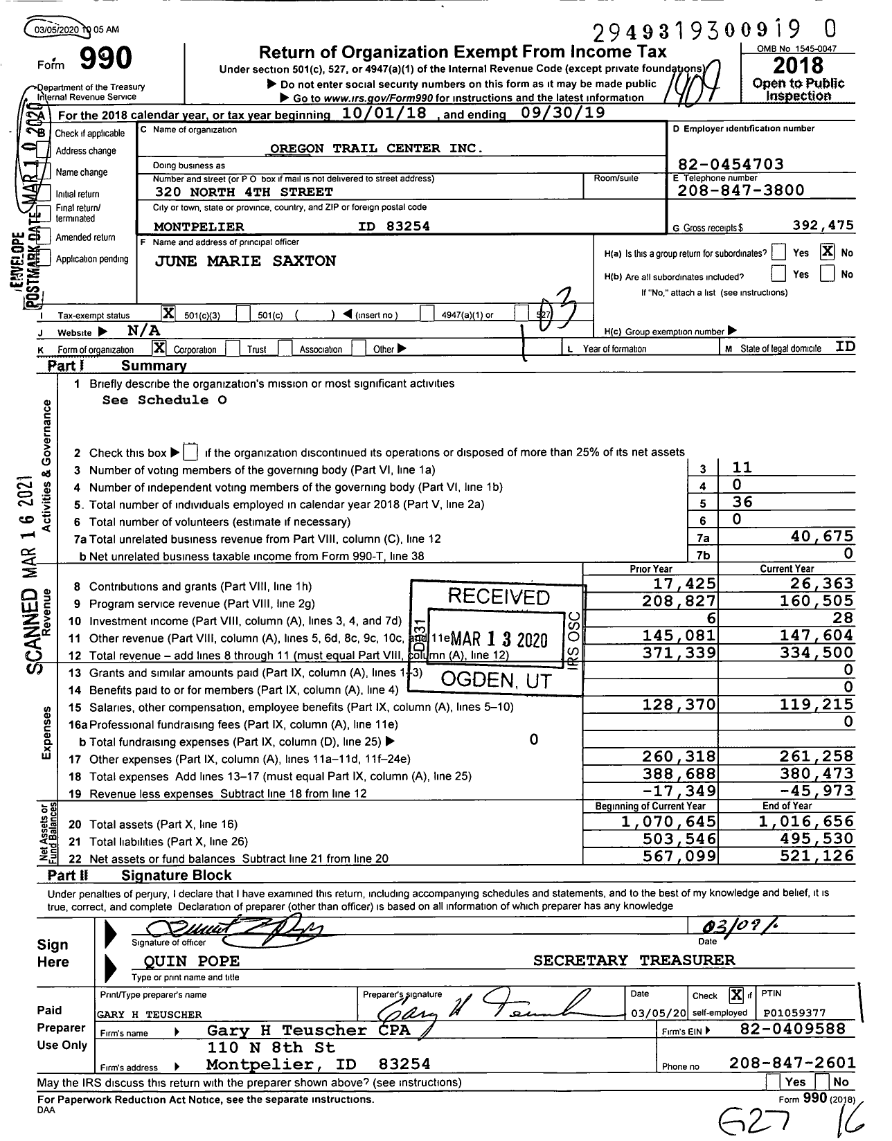 Image of first page of 2018 Form 990 for Oregon Trail Center