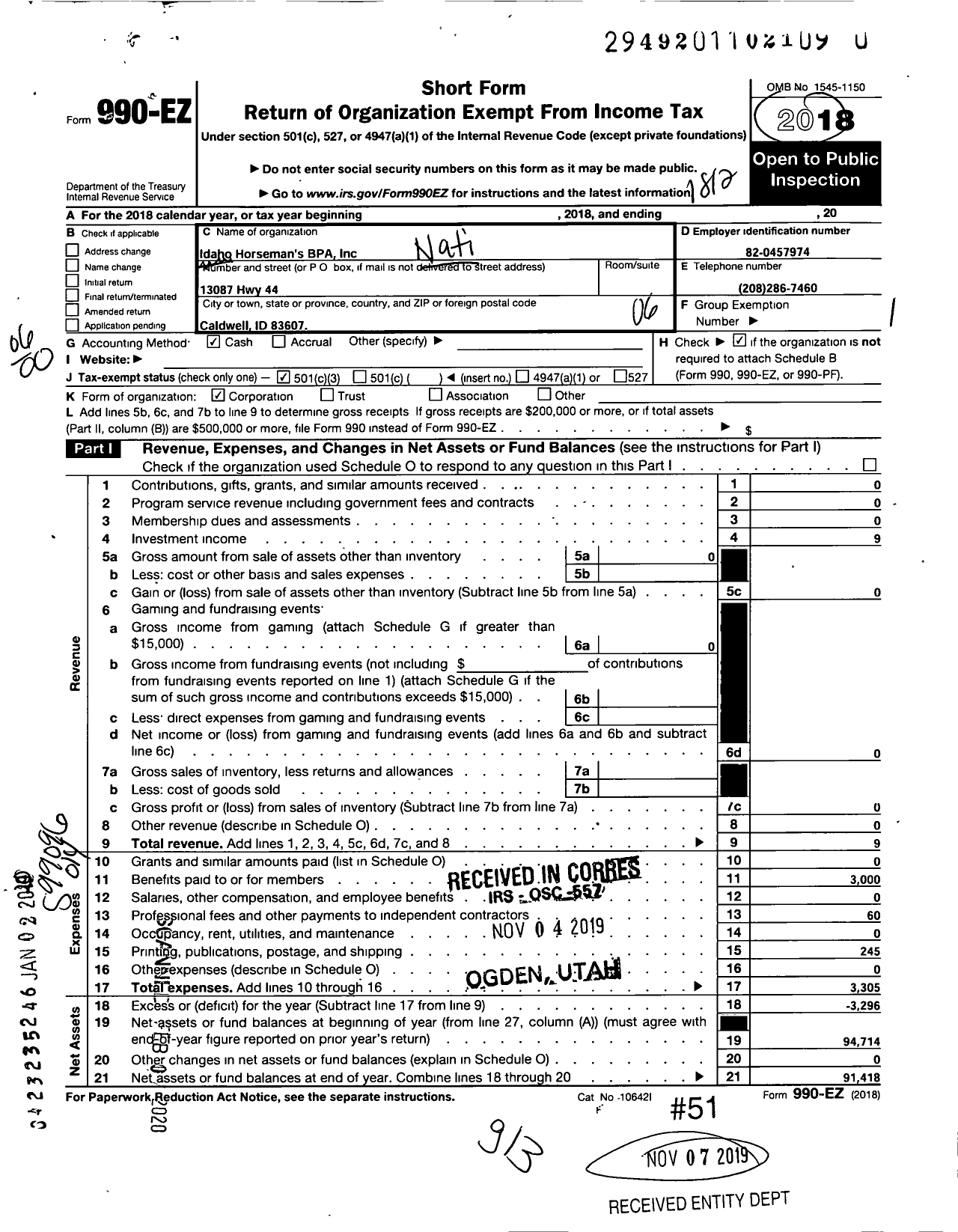 Image of first page of 2018 Form 990EO for Idaho Horseman's BPA