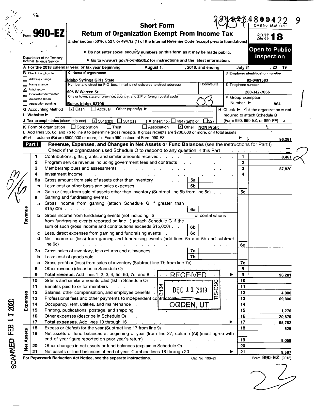 Image of first page of 2018 Form 990EZ for Idaho Syringa Girls State