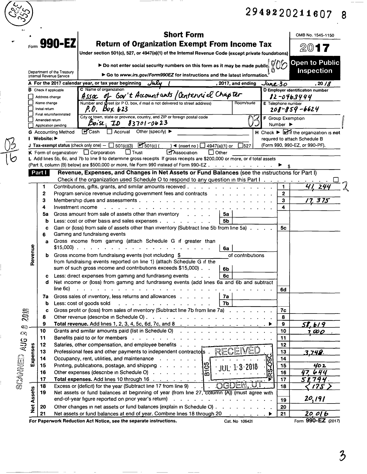 Image of first page of 2017 Form 990EZ for Association of Government Accountants - 69 Idaho Centennial Chapter