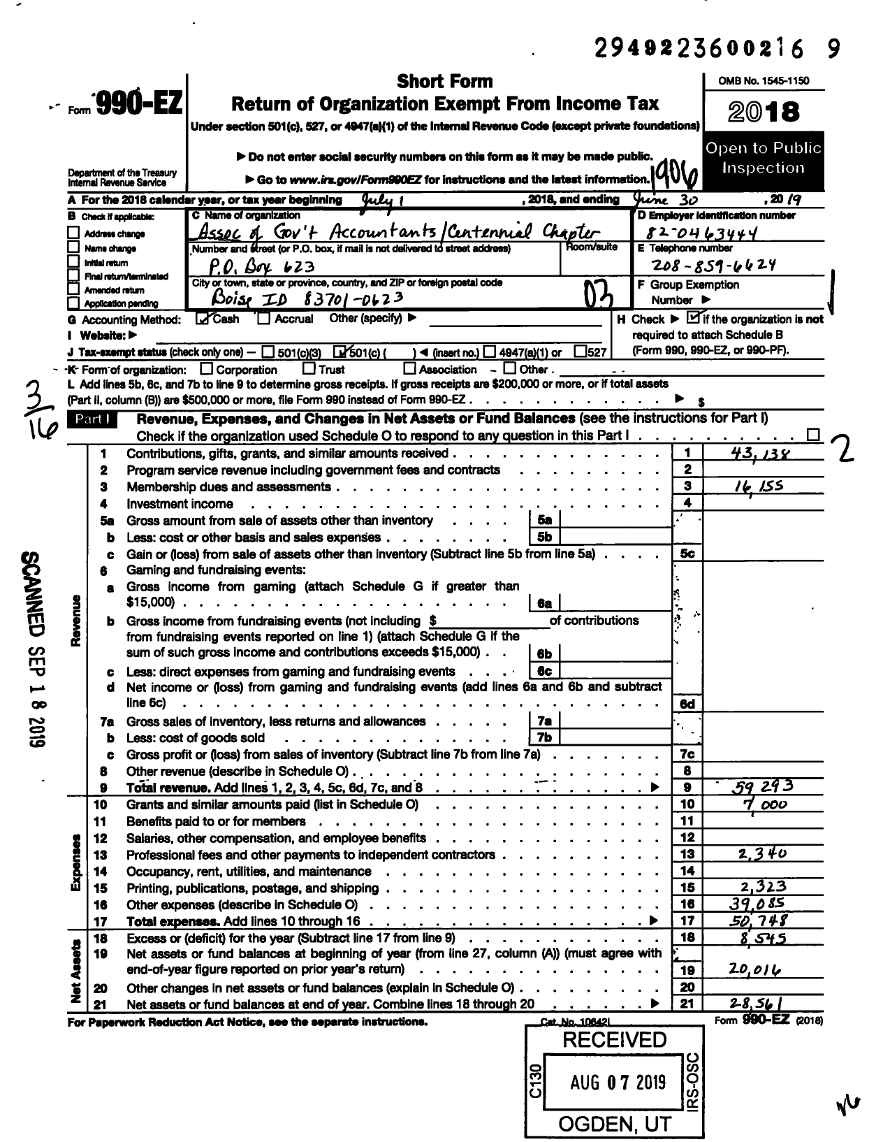 Image of first page of 2018 Form 990EZ for Association of Government Accountants - 69 Idaho Centennial Chapter