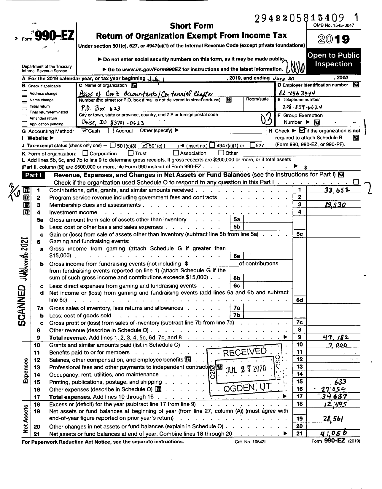 Image of first page of 2019 Form 990EZ for Association of Government Accountants - 69 Idaho Centennial Chapter