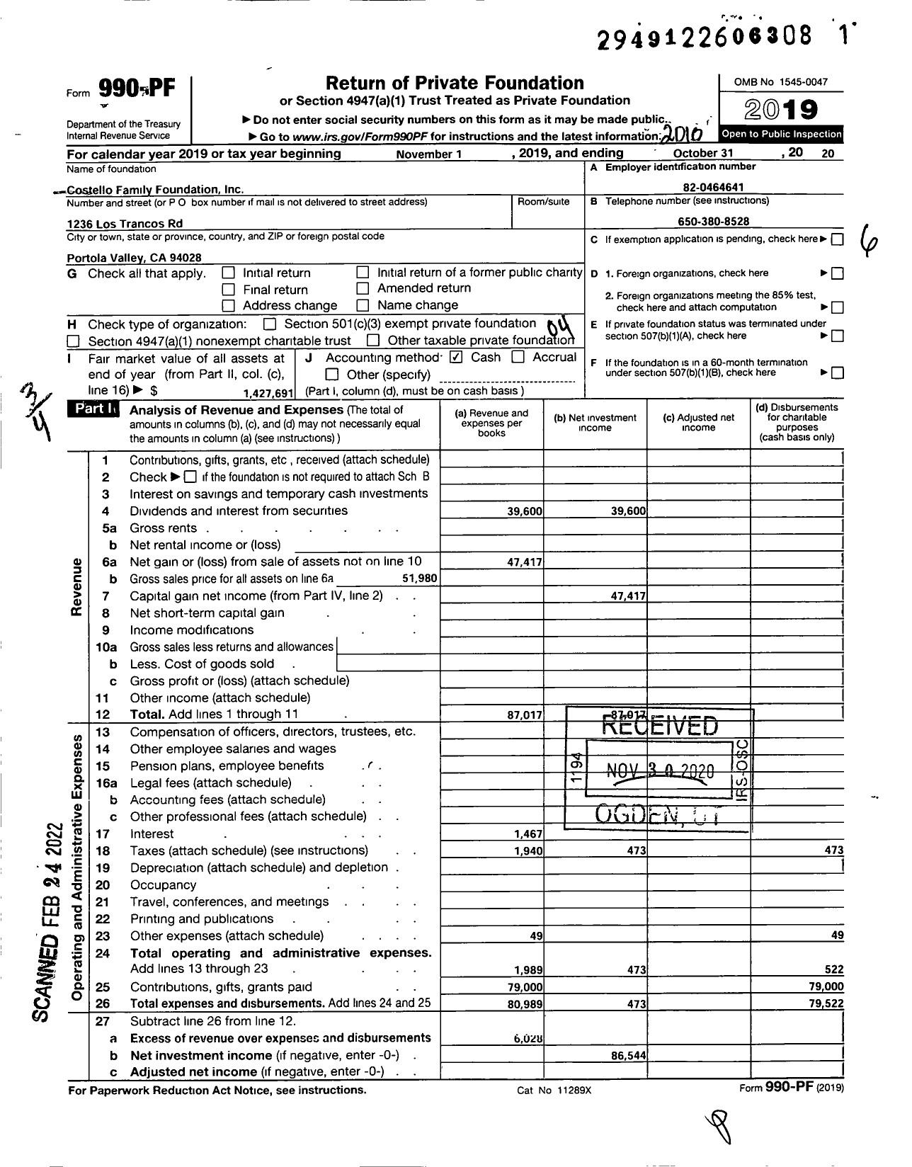 Image of first page of 2019 Form 990PF for Costello Family Foundation