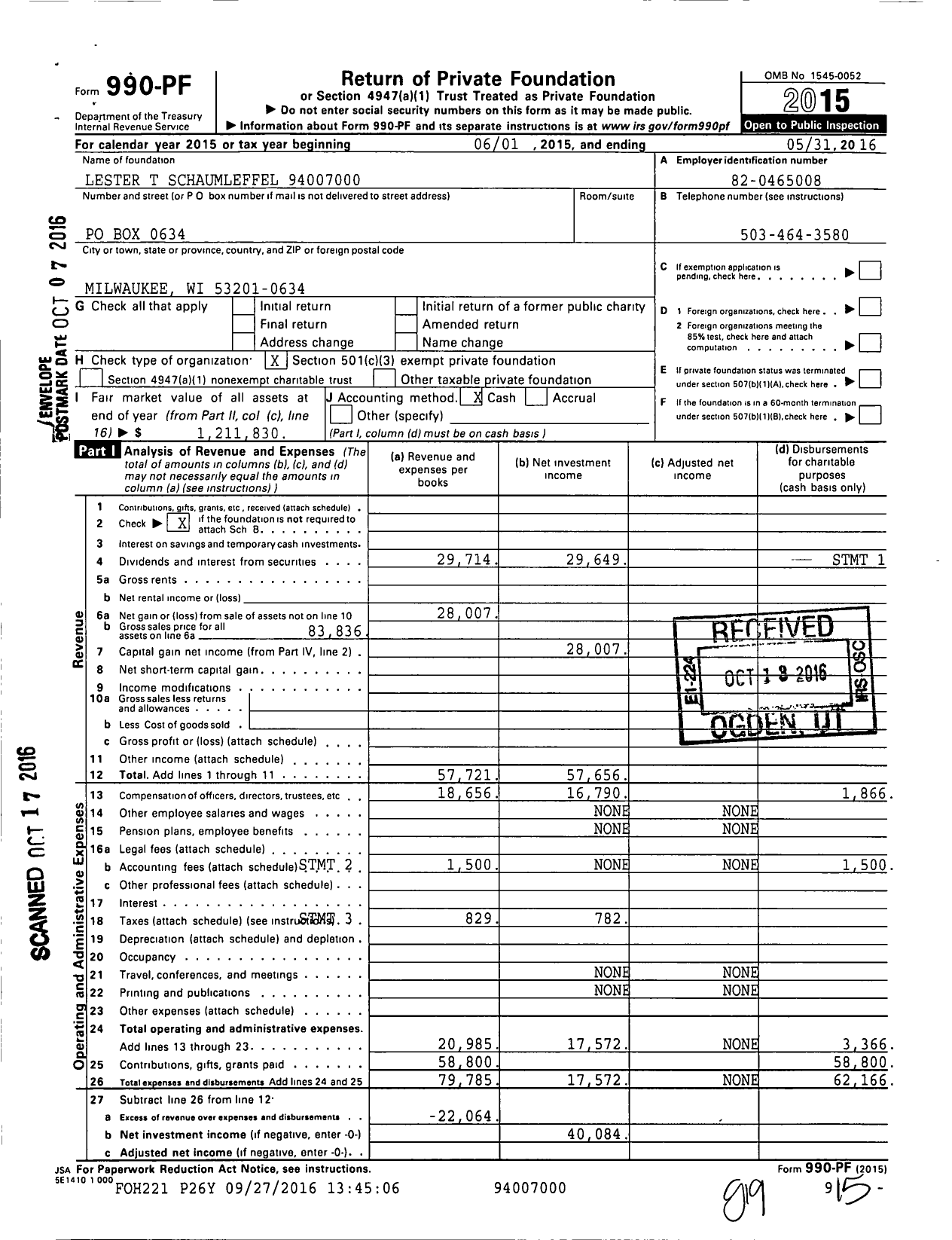 Image of first page of 2015 Form 990PF for Lester T Schaumleffel