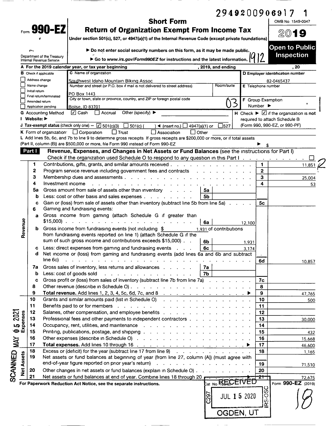 Image of first page of 2019 Form 990EZ for Southwest Idaho Mountain Biking Association