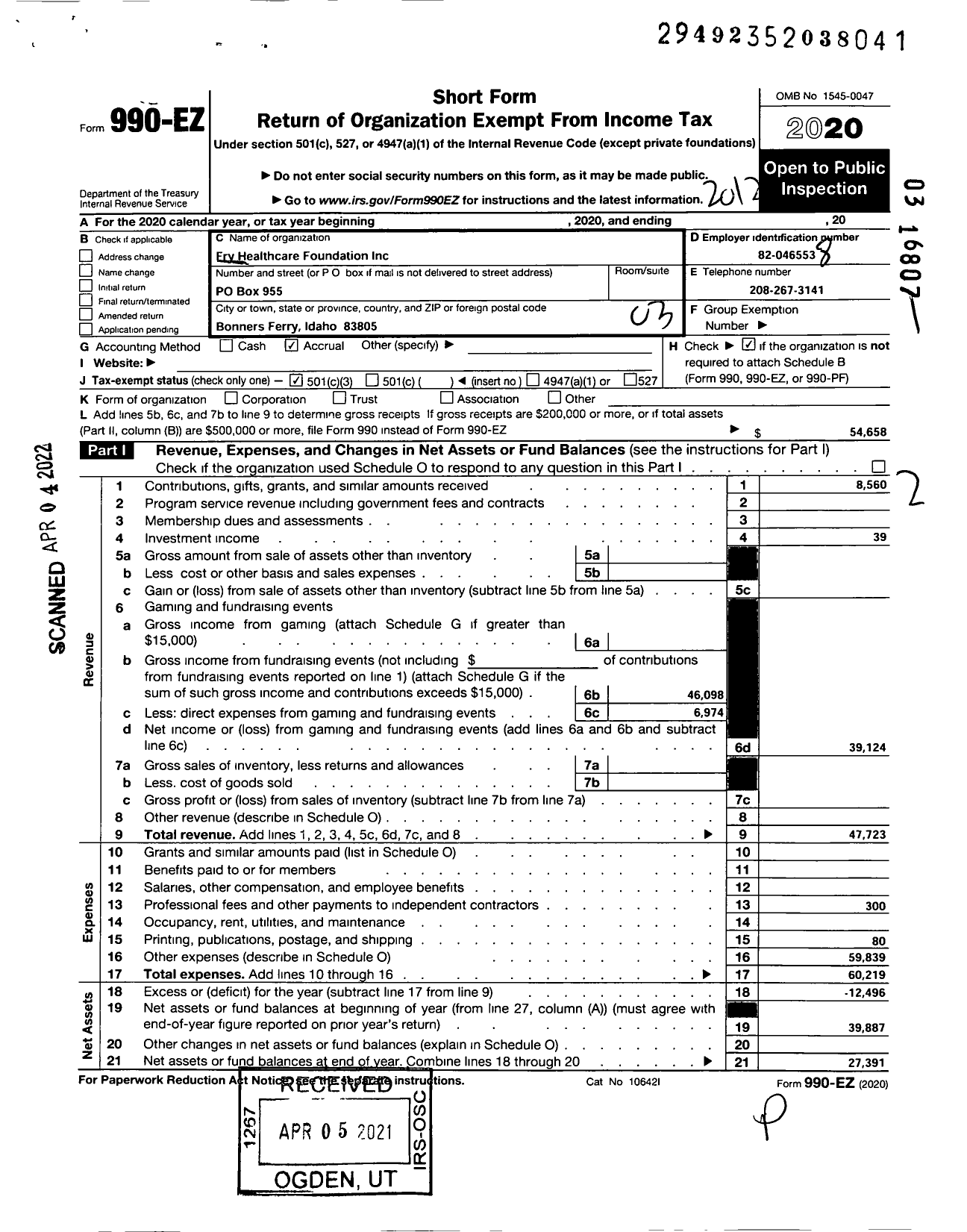 Image of first page of 2020 Form 990EZ for Fry Healthcare Foundation