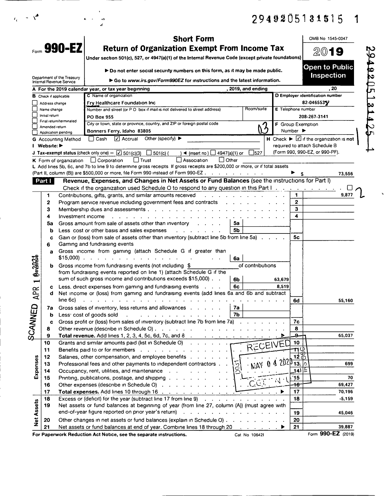 Image of first page of 2019 Form 990EZ for Fry Healthcare Foundation