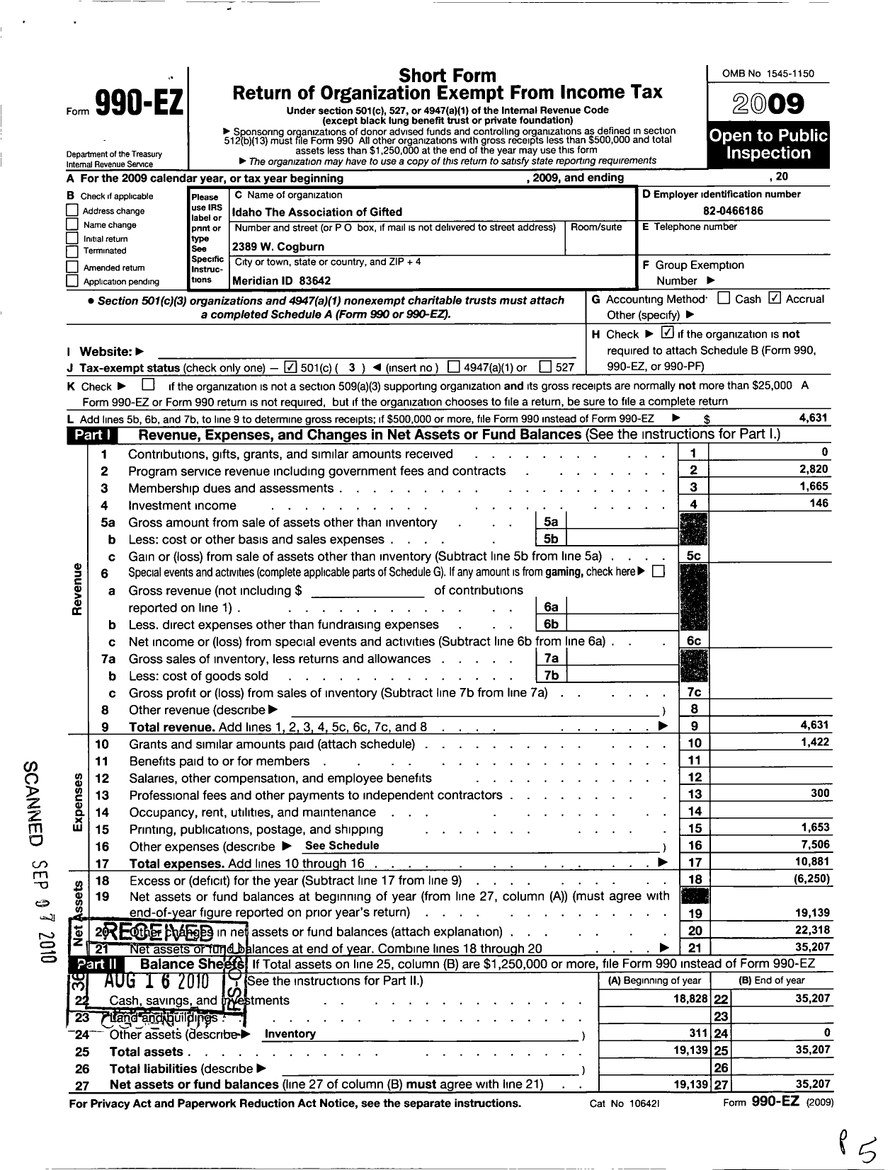 Image of first page of 2009 Form 990EZ for Idaho The Association for Gifted