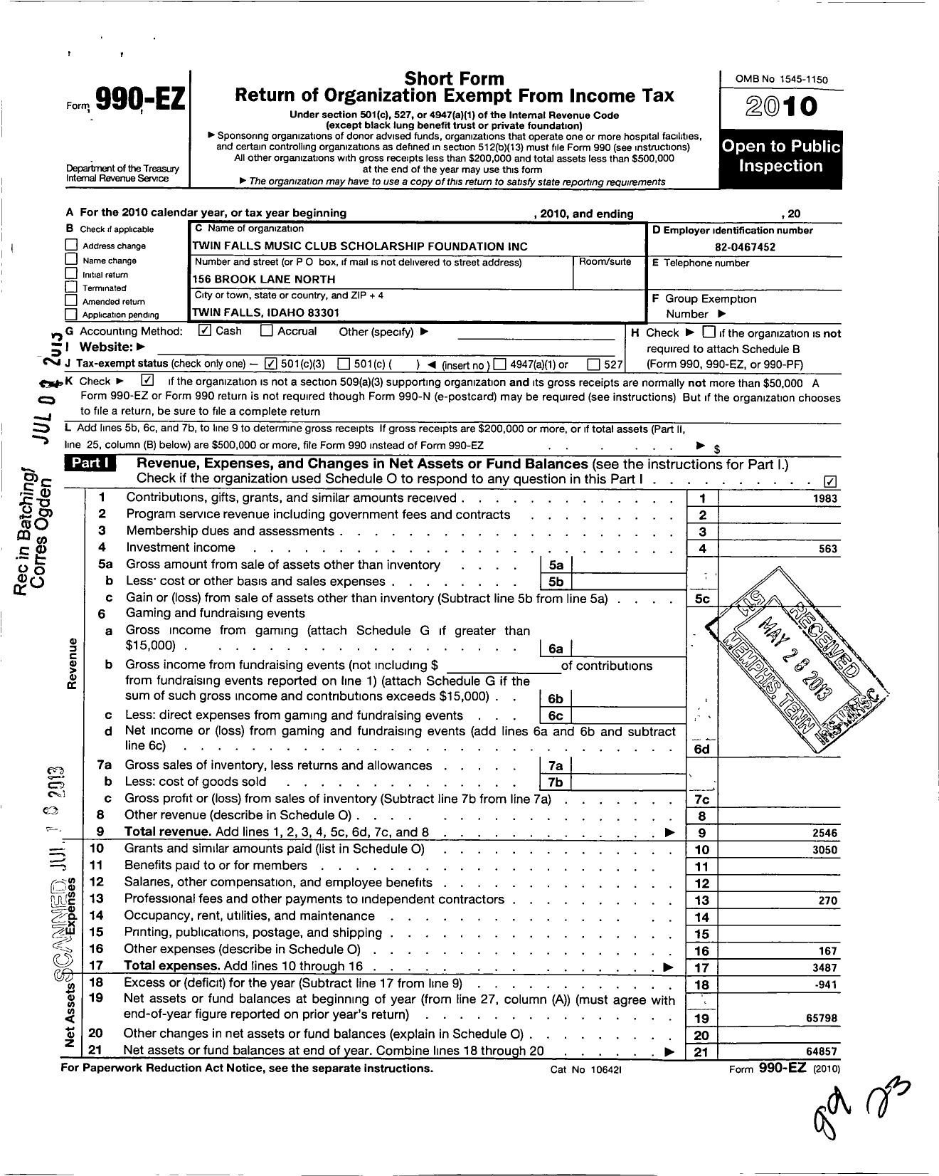 Image of first page of 2010 Form 990EZ for Twin Falls Music Club Foundation Scholarship Foundation