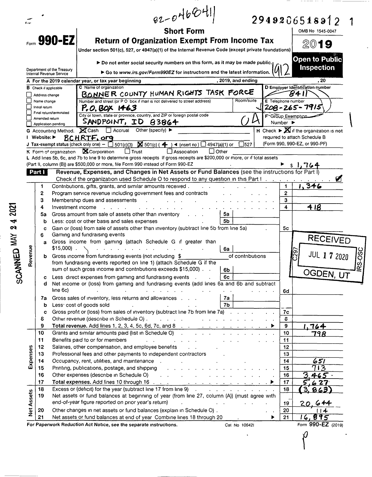 Image of first page of 2019 Form 990EO for Bonner County Human Rights Task Force