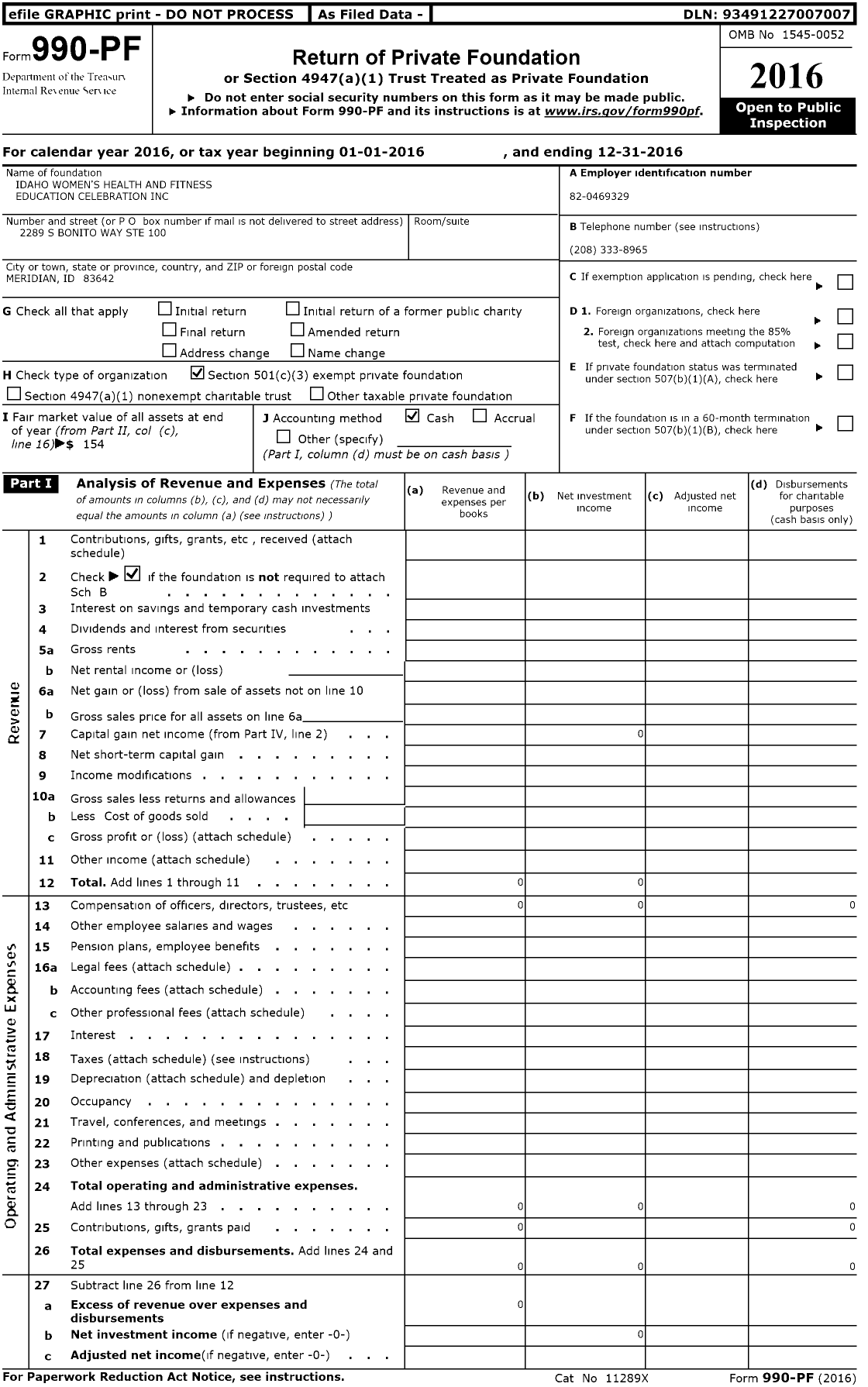 Image of first page of 2016 Form 990PF for Idaho Women's Health and Fitness Education Celebration