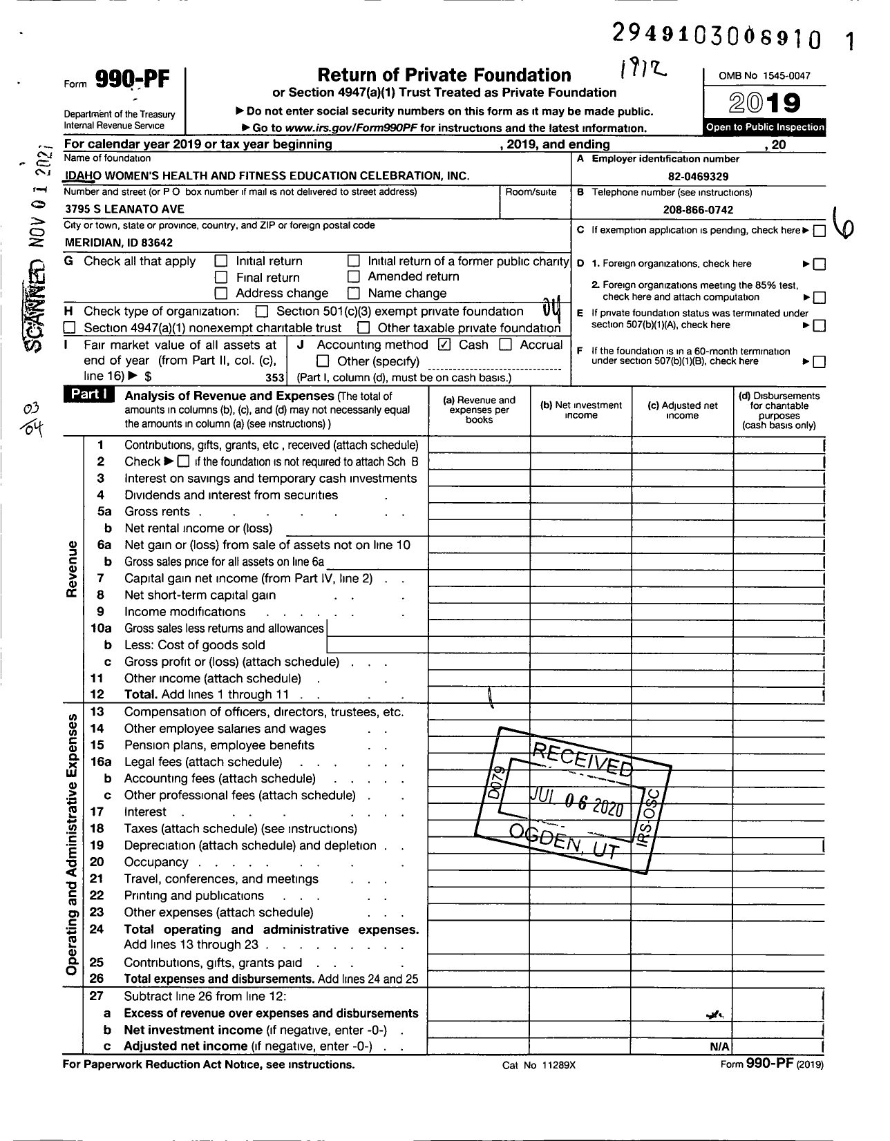 Image of first page of 2019 Form 990PF for Idaho Women's Health and Fitness Education Celebration