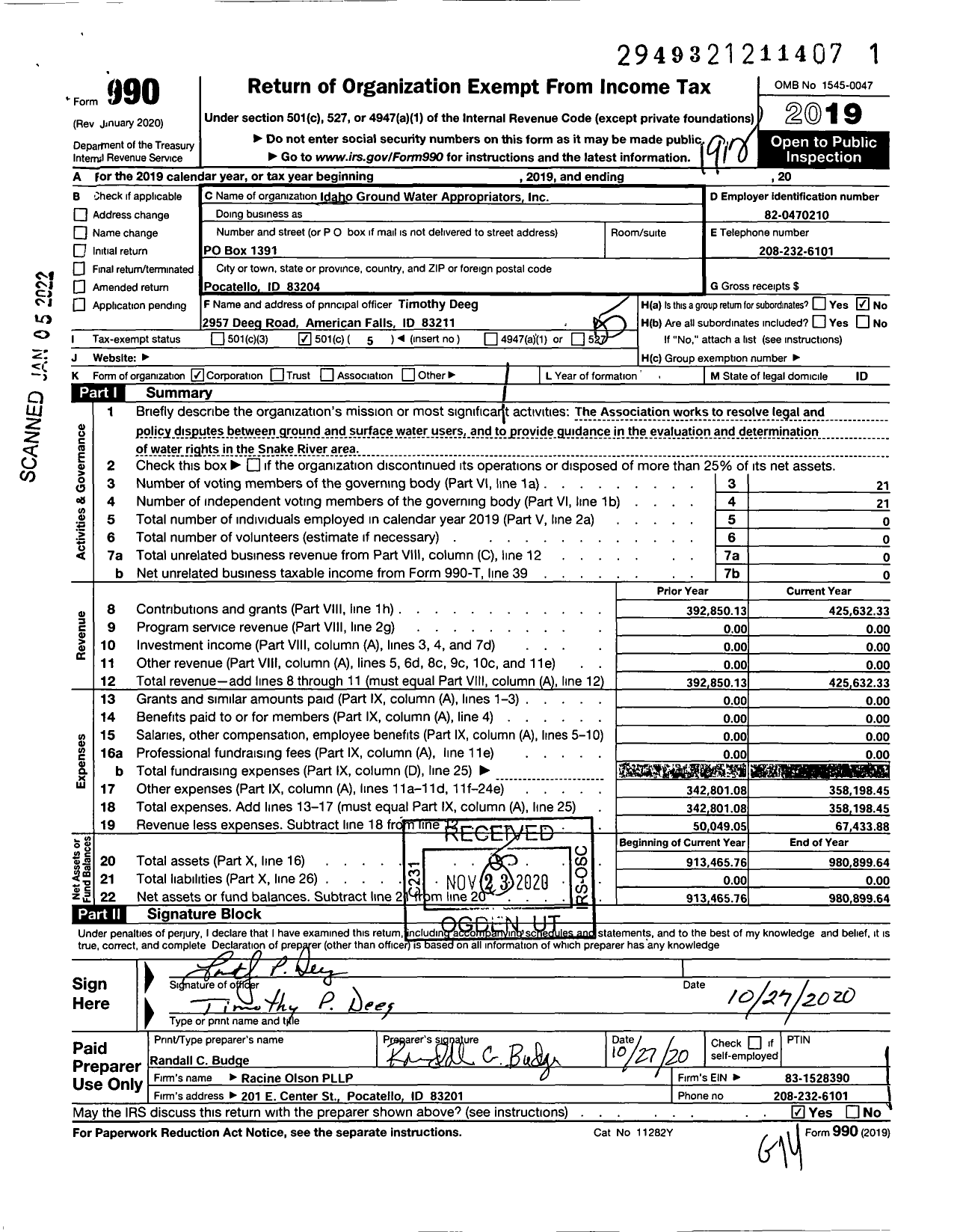 Image of first page of 2019 Form 990O for Idaho Ground Water Appropriators