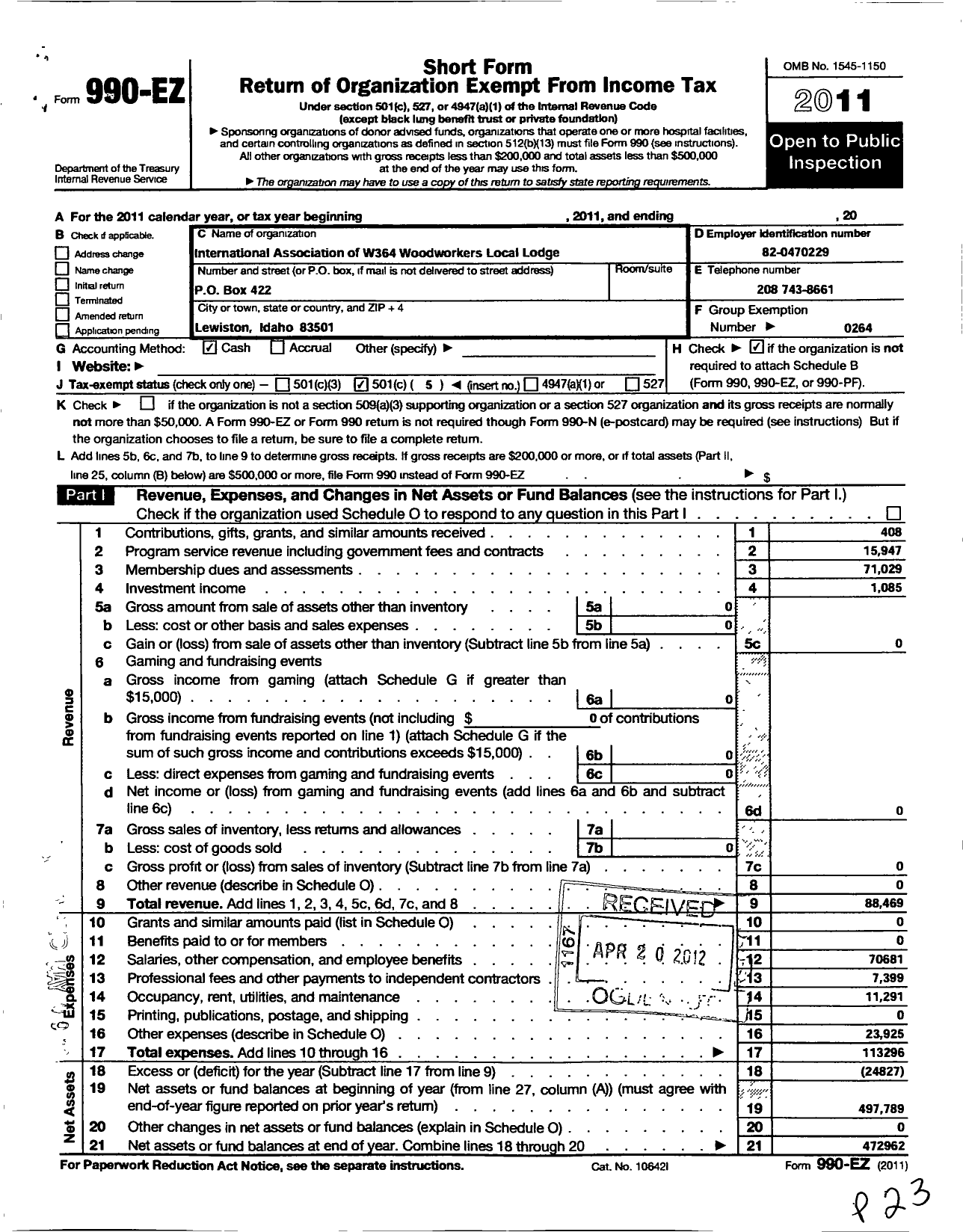 Image of first page of 2011 Form 990EO for International Association of Machinists and Aerospace Workers - W364 Woodworkers Local Lodge