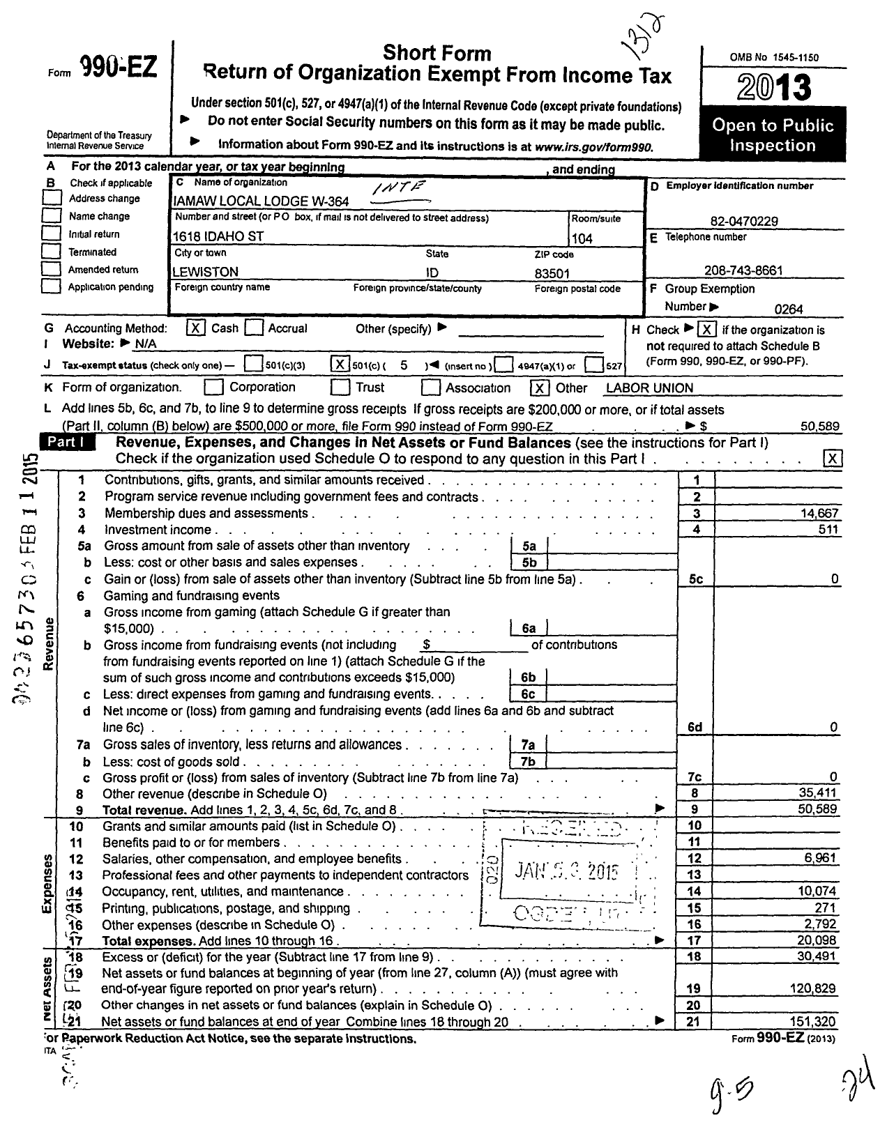 Image of first page of 2013 Form 990EO for International Association of Machinists and Aerospace Workers - W364 Woodworkers Local Lodge