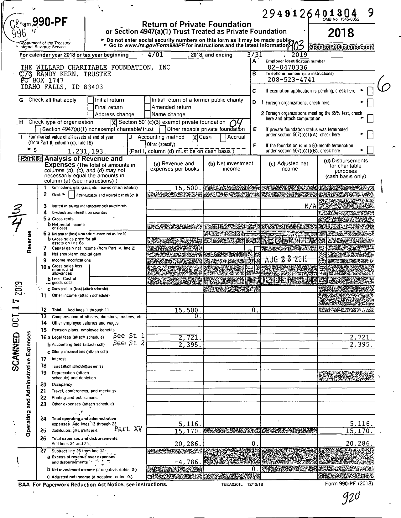 Image of first page of 2018 Form 990PF for The Willard Charitable Foundation