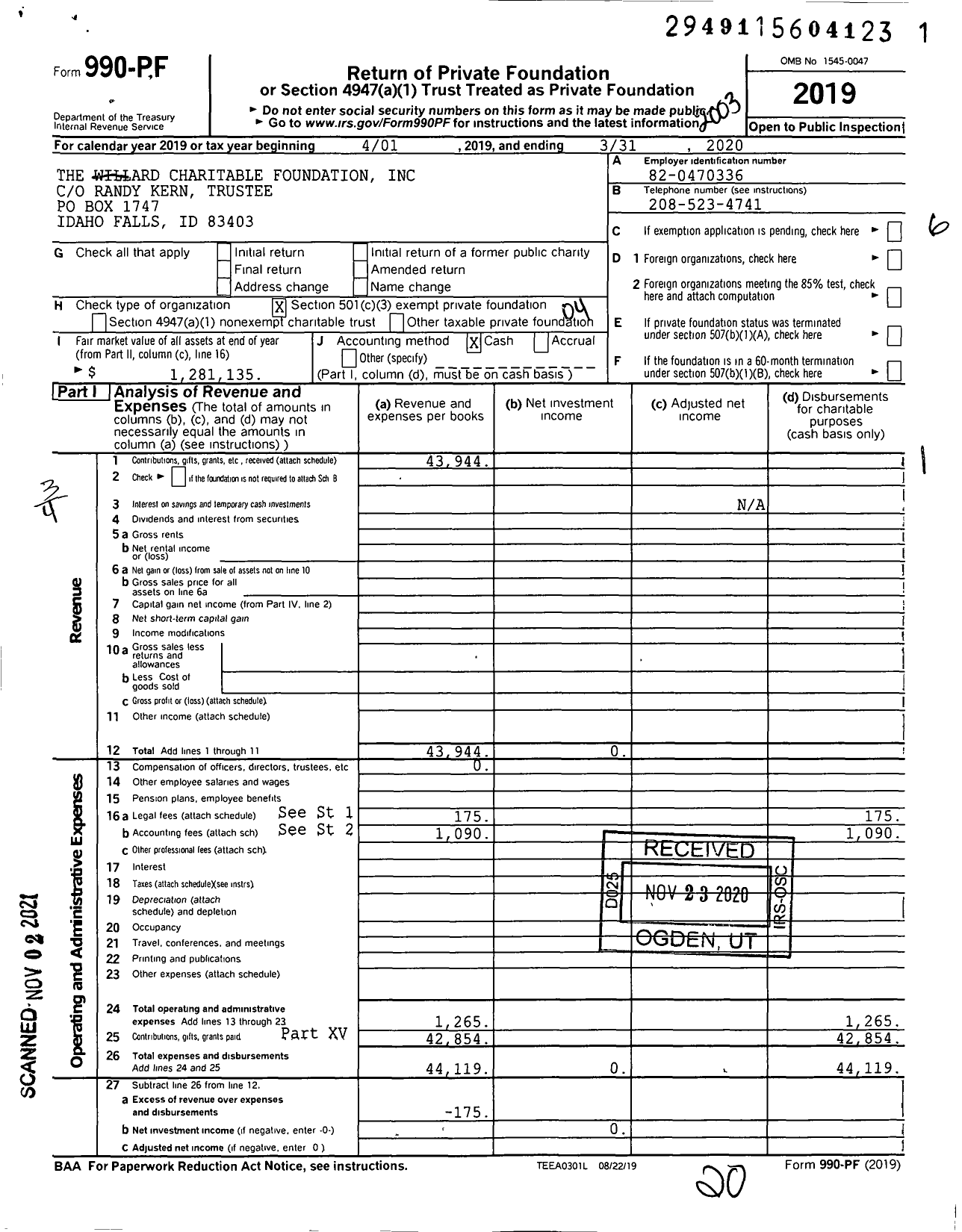 Image of first page of 2019 Form 990PF for The Willard Charitable Foundation