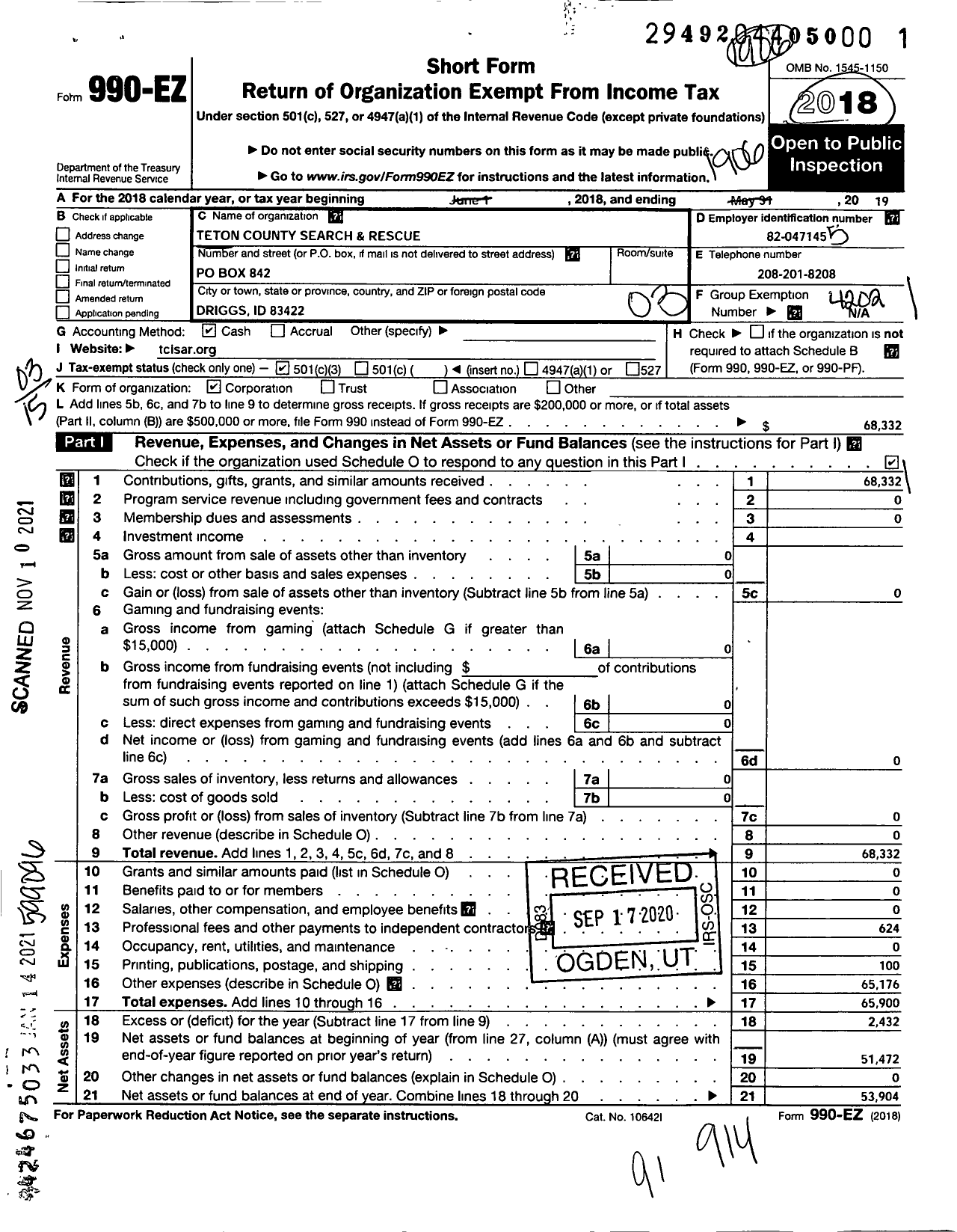 Image of first page of 2018 Form 990EZ for Teton County Search and Rescue