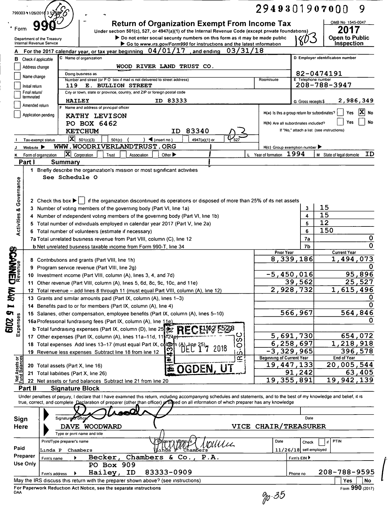 Image of first page of 2017 Form 990 for Wood River Land Trust (WRLT)