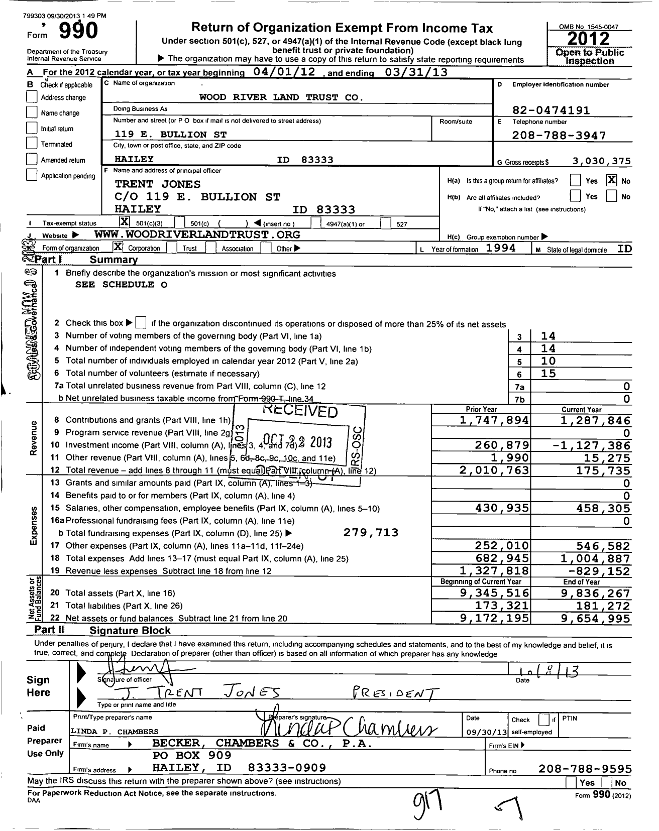 Image of first page of 2012 Form 990 for Wood River Land Trust (WRLT)