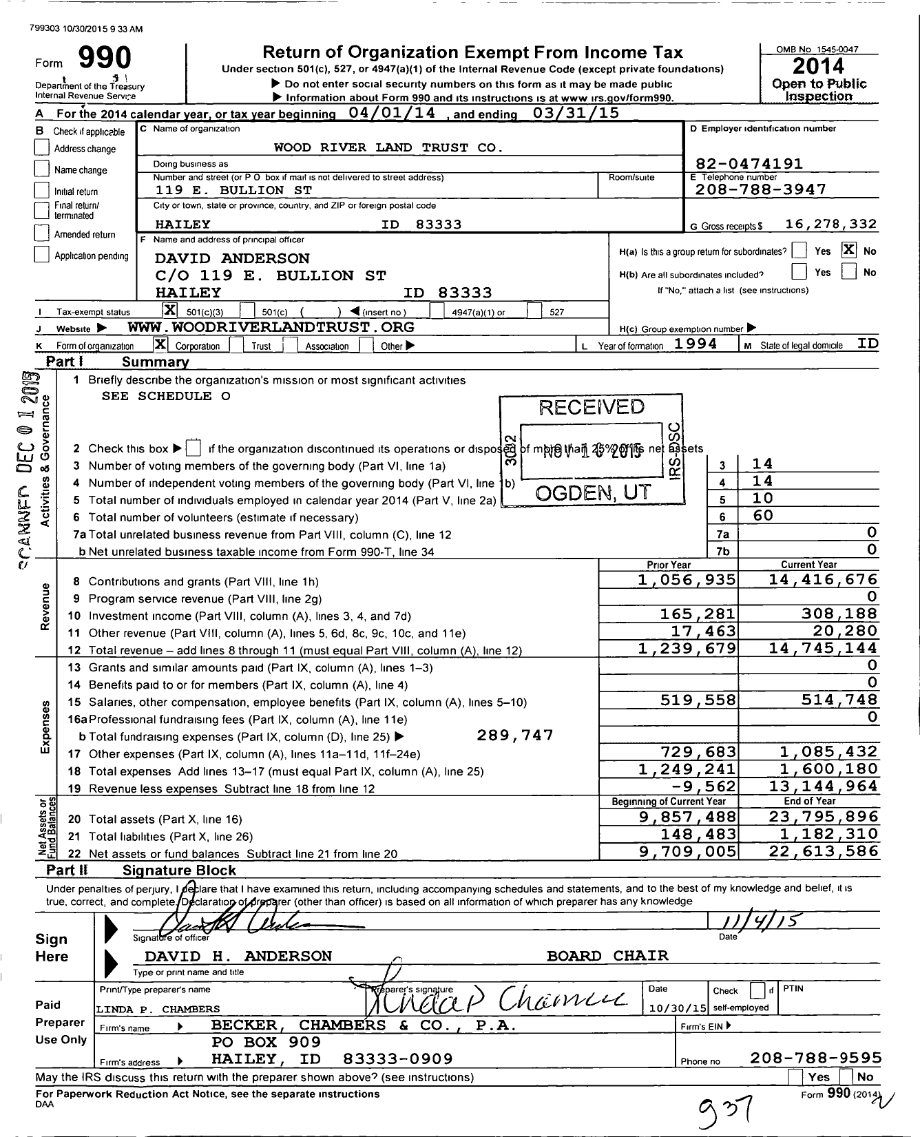 Image of first page of 2014 Form 990 for Wood River Land Trust (WRLT)