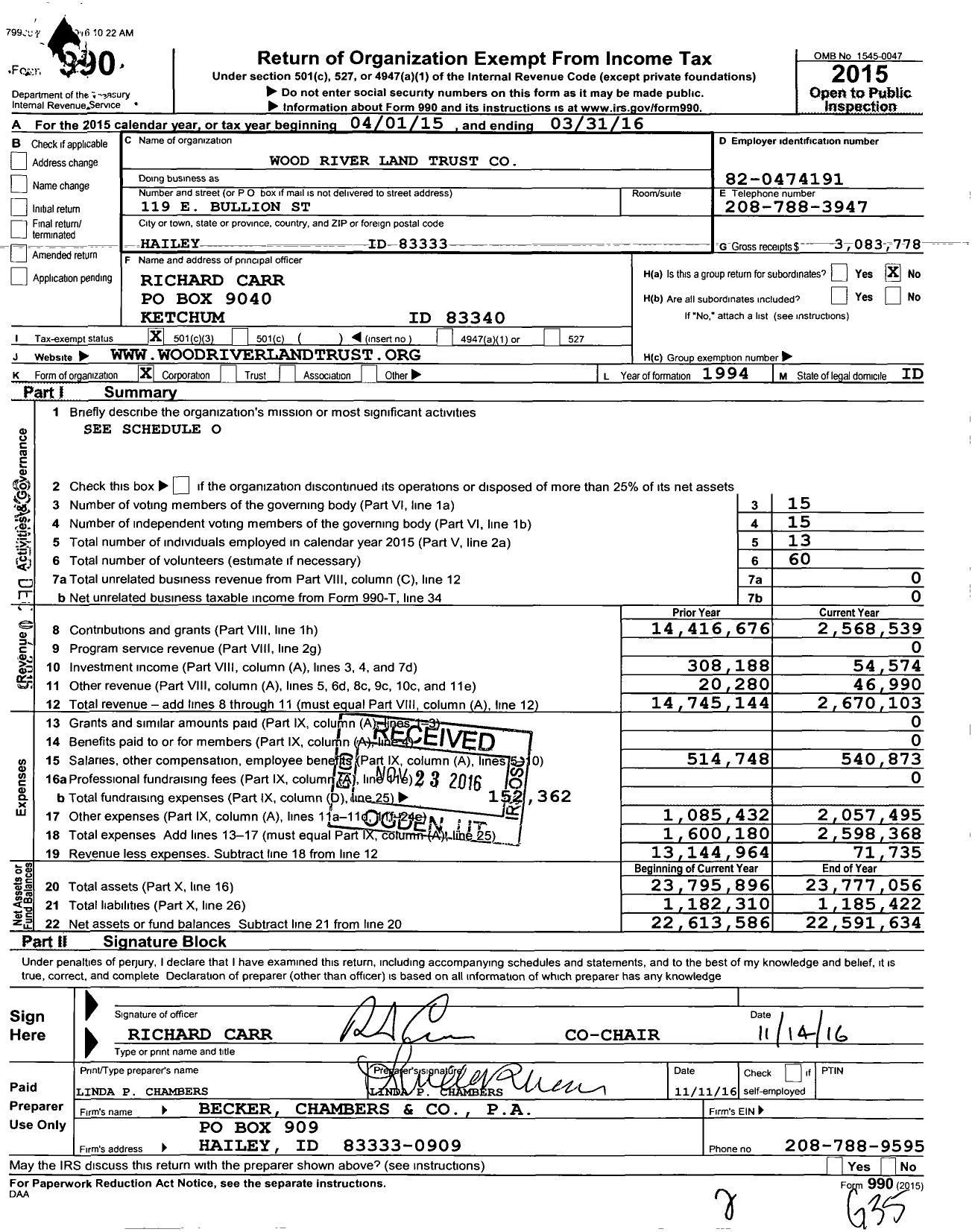 Image of first page of 2015 Form 990 for Wood River Land Trust (WRLT)