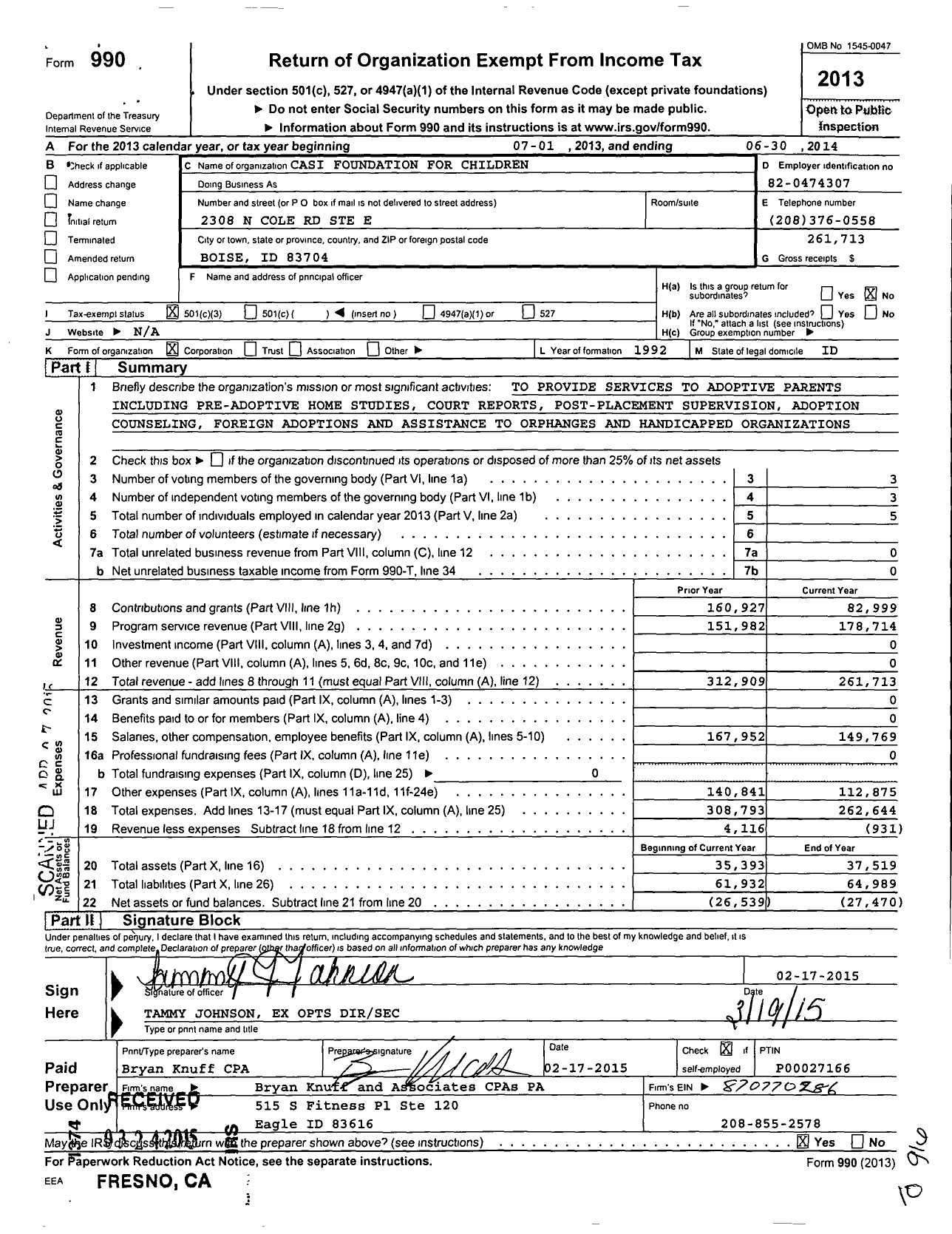 Image of first page of 2013 Form 990 for Casi Foundation for Children