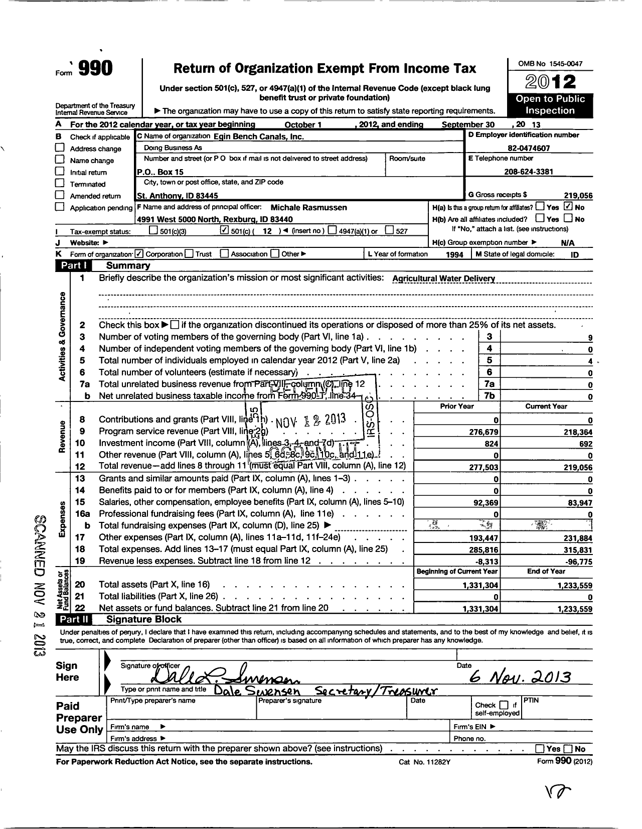 Image of first page of 2012 Form 990O for Egin Bench Canals