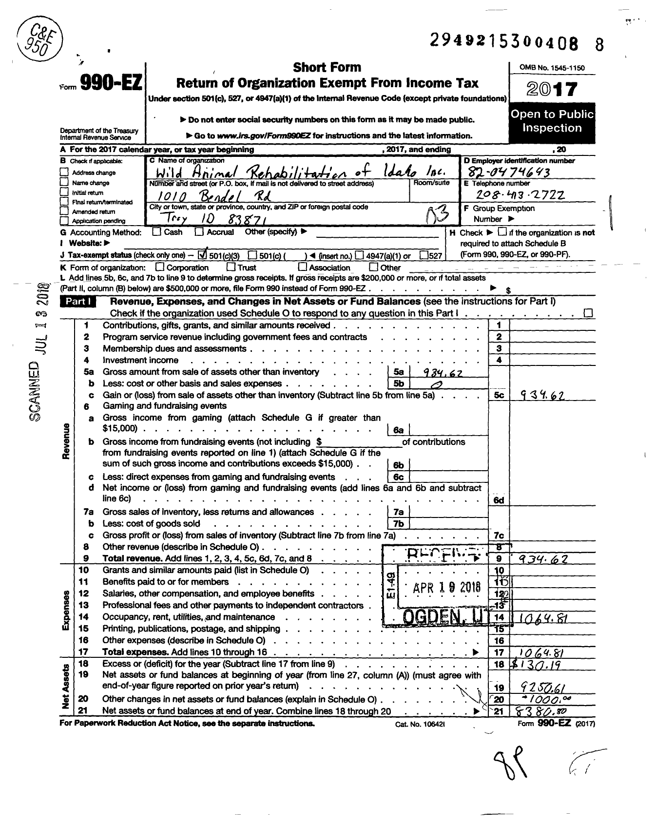 Image of first page of 2017 Form 990EZ for Palouse Wildlife Rescue and Rehabilitation Incorporation