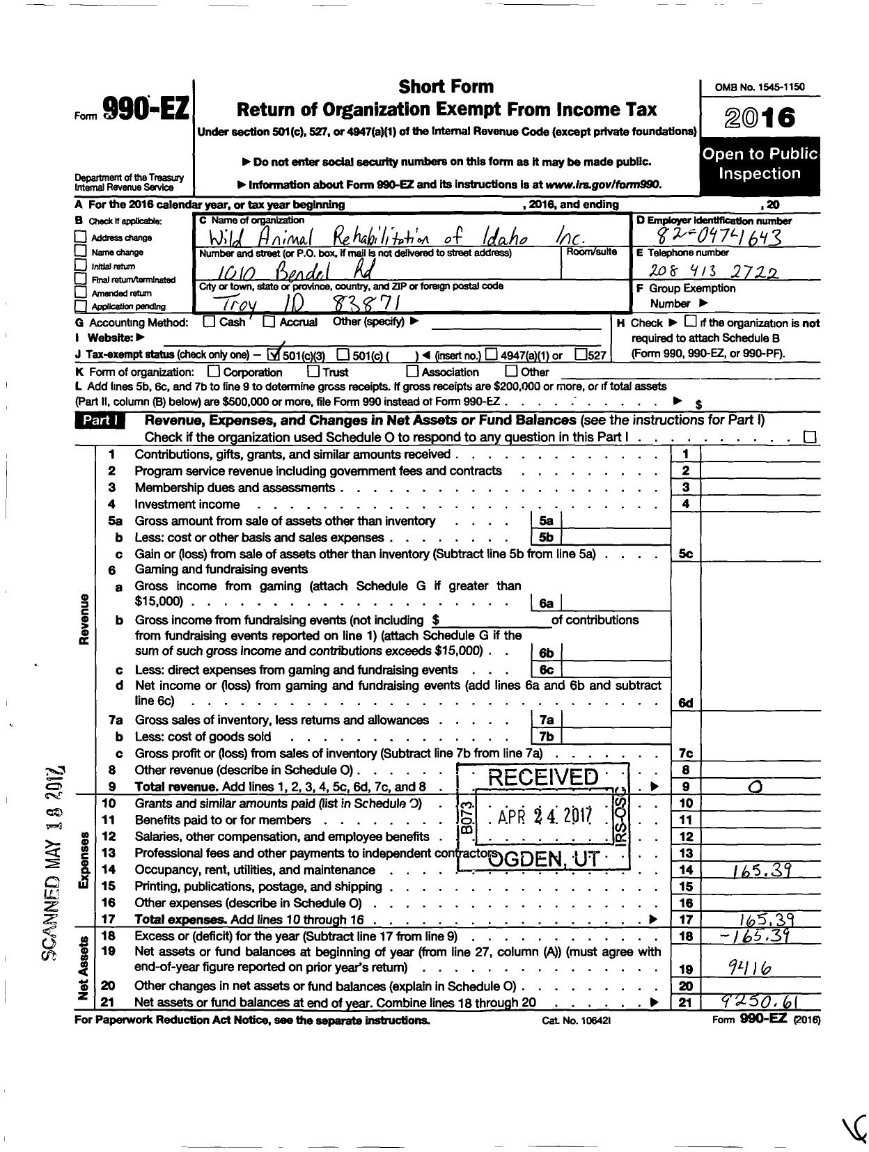 Image of first page of 2016 Form 990EZ for Palouse Wildlife Rescue and Rehabilitation Incorporation